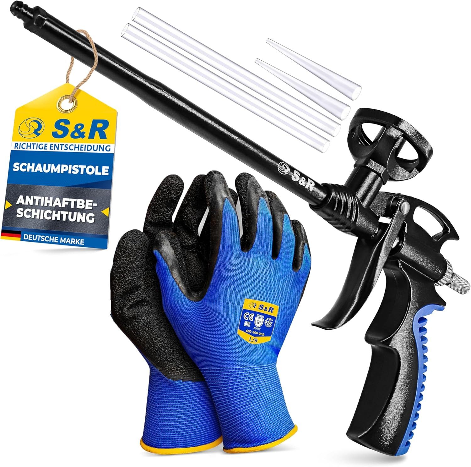 S&R Bauschaumpistole Professional PU Schaumpistole Set, PTFE vollbeschichtet, antihaft, 1-tlg., 1 x Schaumpistole, 2 x aufsteckbare Kunststoffdüsen, Industriequalität Ausschäumpistole + 1 Paar Handschuhe
