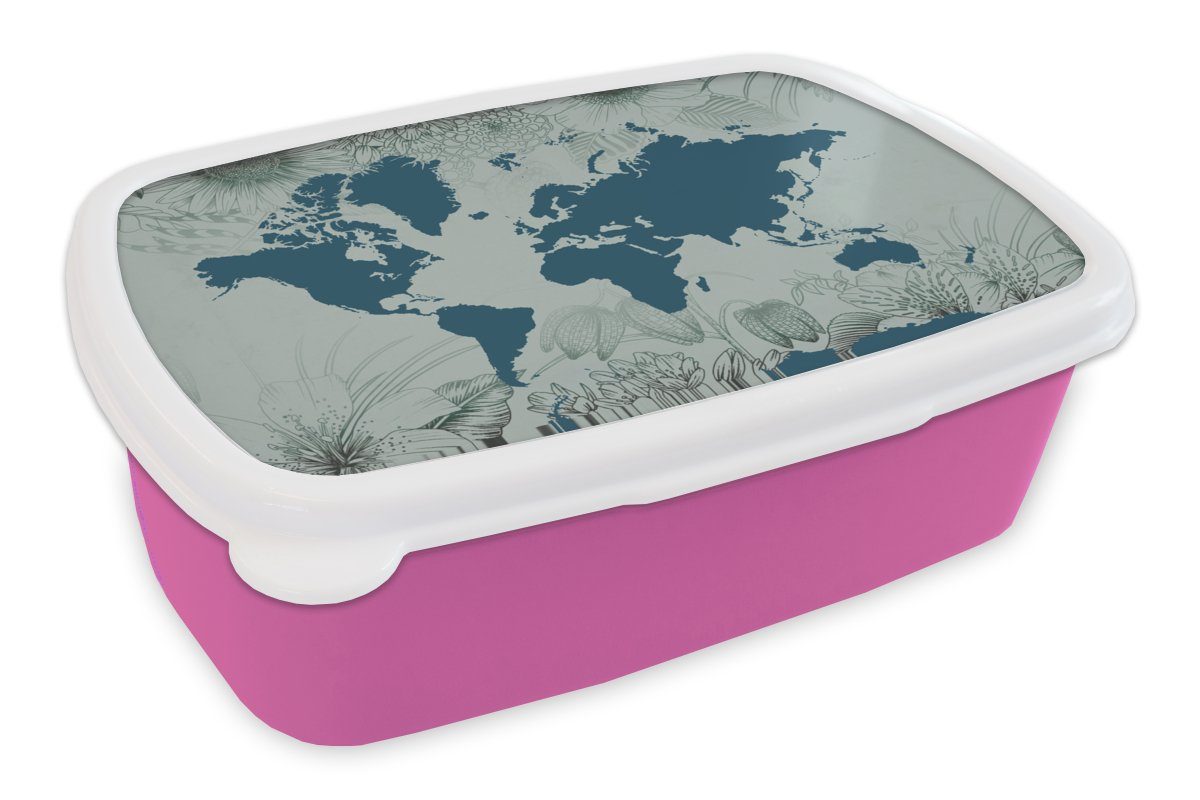Weltkarte rosa Blau, - Erwachsene, Kinder, Mädchen, Grau Snackbox, (2-tlg), für - Kunststoff Kunststoff, MuchoWow Brotdose Lunchbox Brotbox