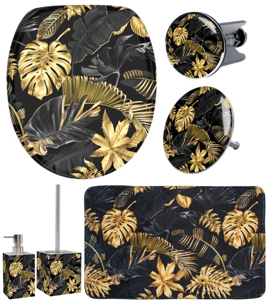 Sanilo Badaccessoire-Set 6-teilig Golden Leaves, WC-Sitz mit Absenkautomatik, Badteppich 70 x 110 cm, Waschbeckenstöpsel, Badewannenstöpsel, Seifenspender, WC-Bürste, 6 tlg., hochwertig & modern, universell, leichte Montage