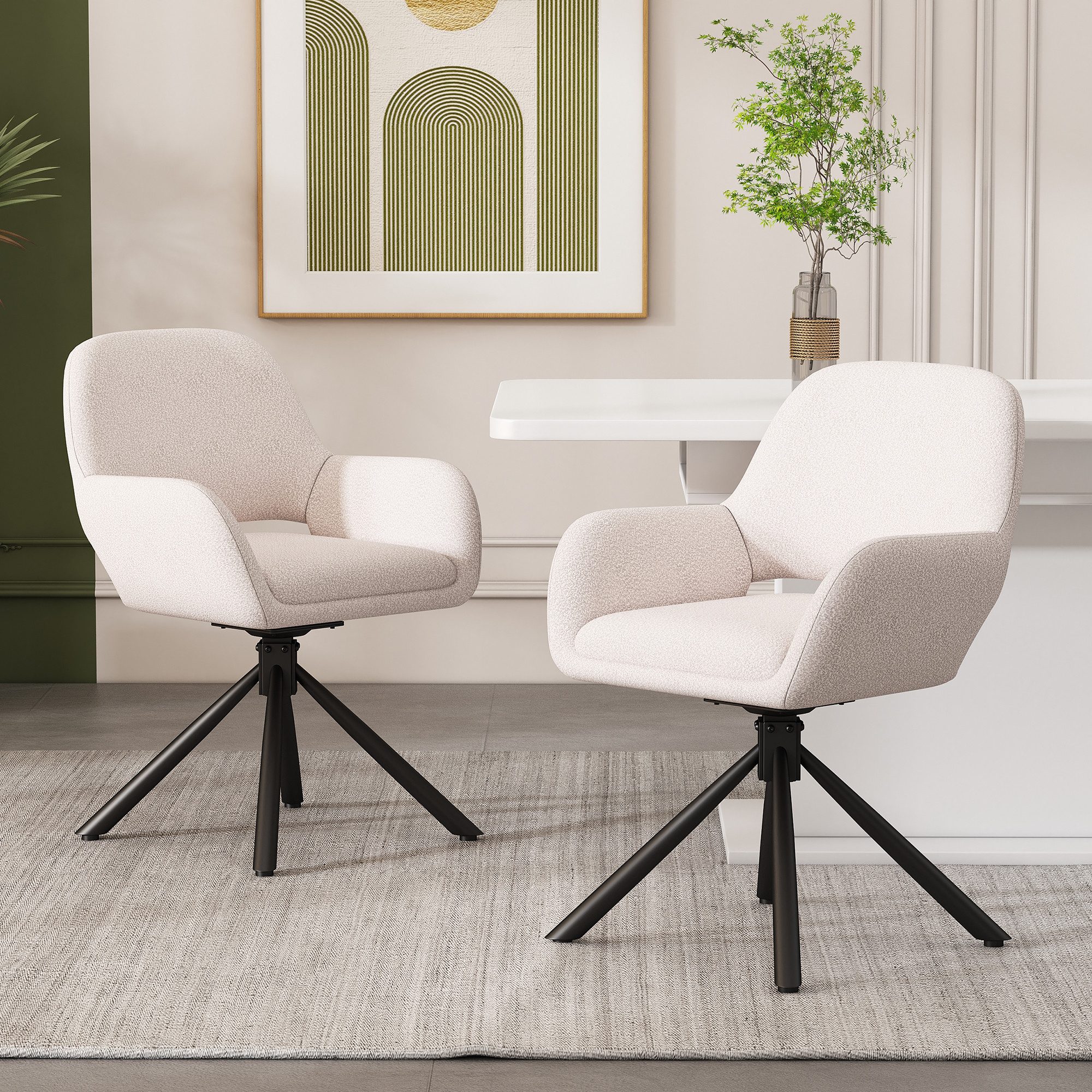 Fine Life Pro Esszimmersessel Esszimmerstuhl 2er Set Sherpa drehbar Handläufe, Weiß Esszimmer Wohnzimmer Schlafzimmer