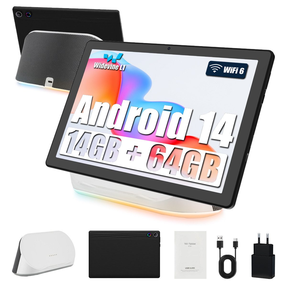 BUFO 10 Zoll, mit Dockingstation mit Lautsprechern und Ladefunktion, 64 GB Tablet (10", 64 GB, Android 14, WiFi 6, 14(3+11)GB RAM, GMS-Zertifizierung Android 14, mit Dockingstation)