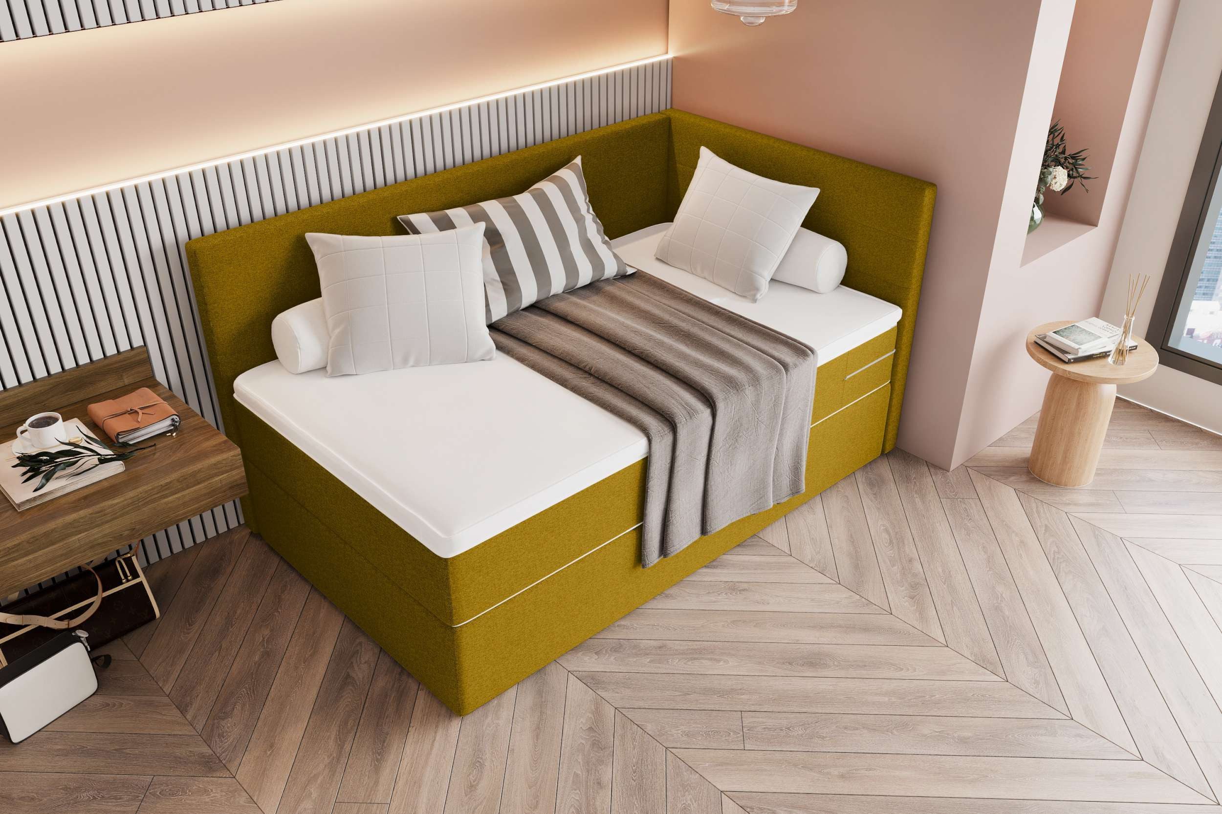 99rooms Boxspringbett Phönix Mini Plus (Schlafzimmerbett, Bett), mit Taschenfederkernmatratze und Topper, in Webstoff MALMO_NEW