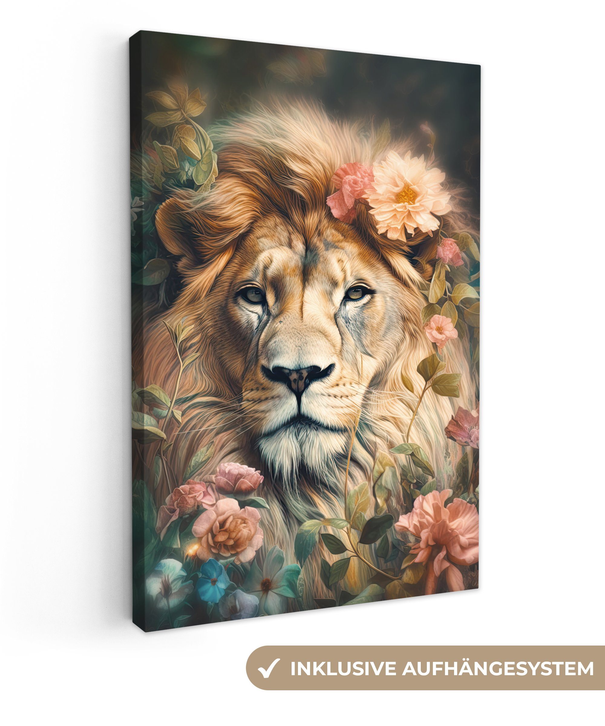 OneMillionCanvasses® Leinwandbild Löwe - Löwenkopf - Wilde Tiere - Blumen, günstig online kaufen