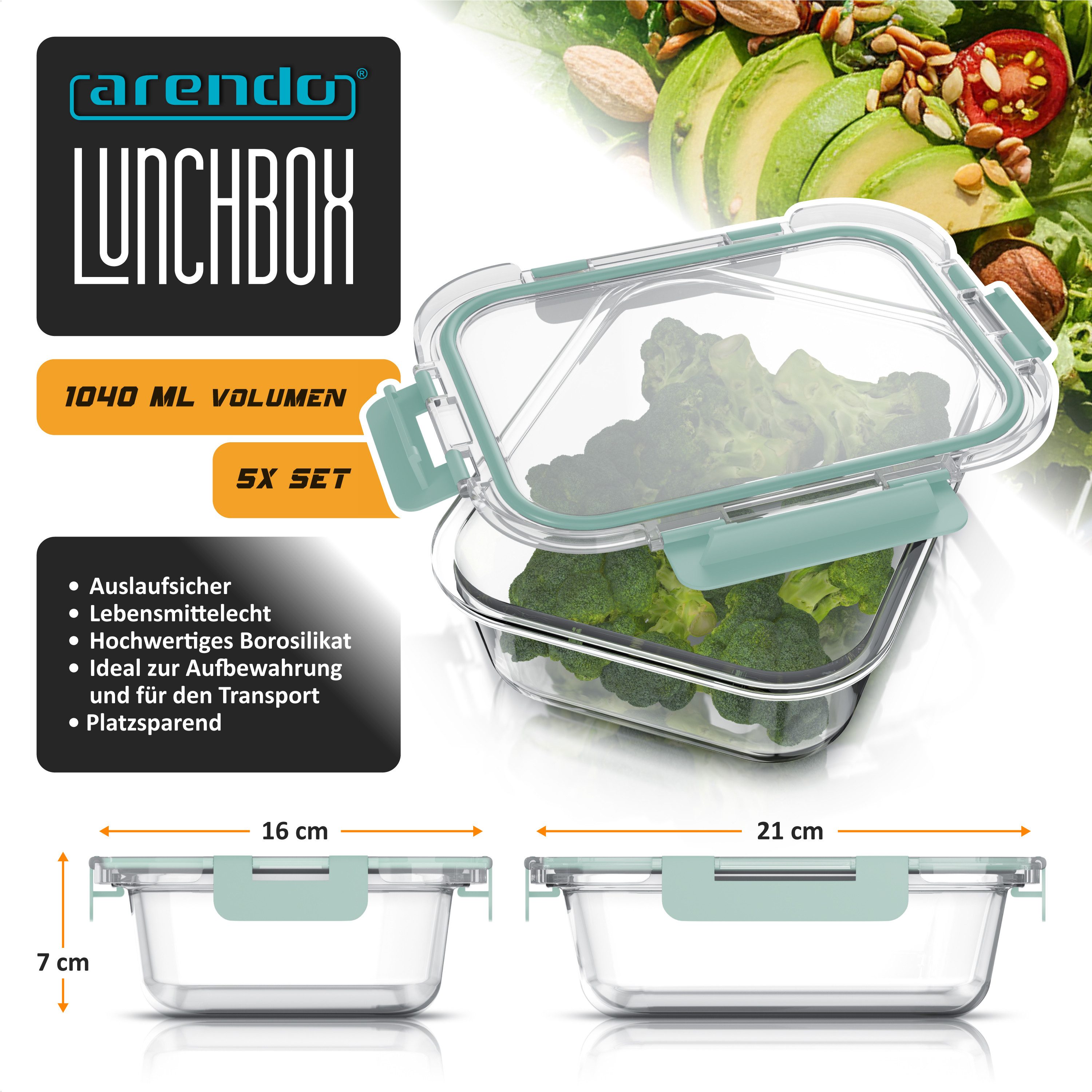 Arendo Frischhaltedose mit Deckel 5er Set, Vorratsdosen, Glas-Lunchboxen, auslaufsicher, Borosilikatglas, Kunststoff, (Set, 5-tlg., 5 x 1050 ml, rechteckig), Mi – Bild 2 von 5