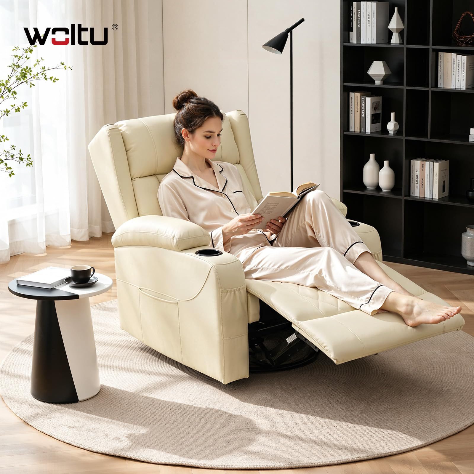 Woltu Relaxsessel, Fernsehsessel mit Liegefunktion,mit Tasche, 360° drehbar, PU