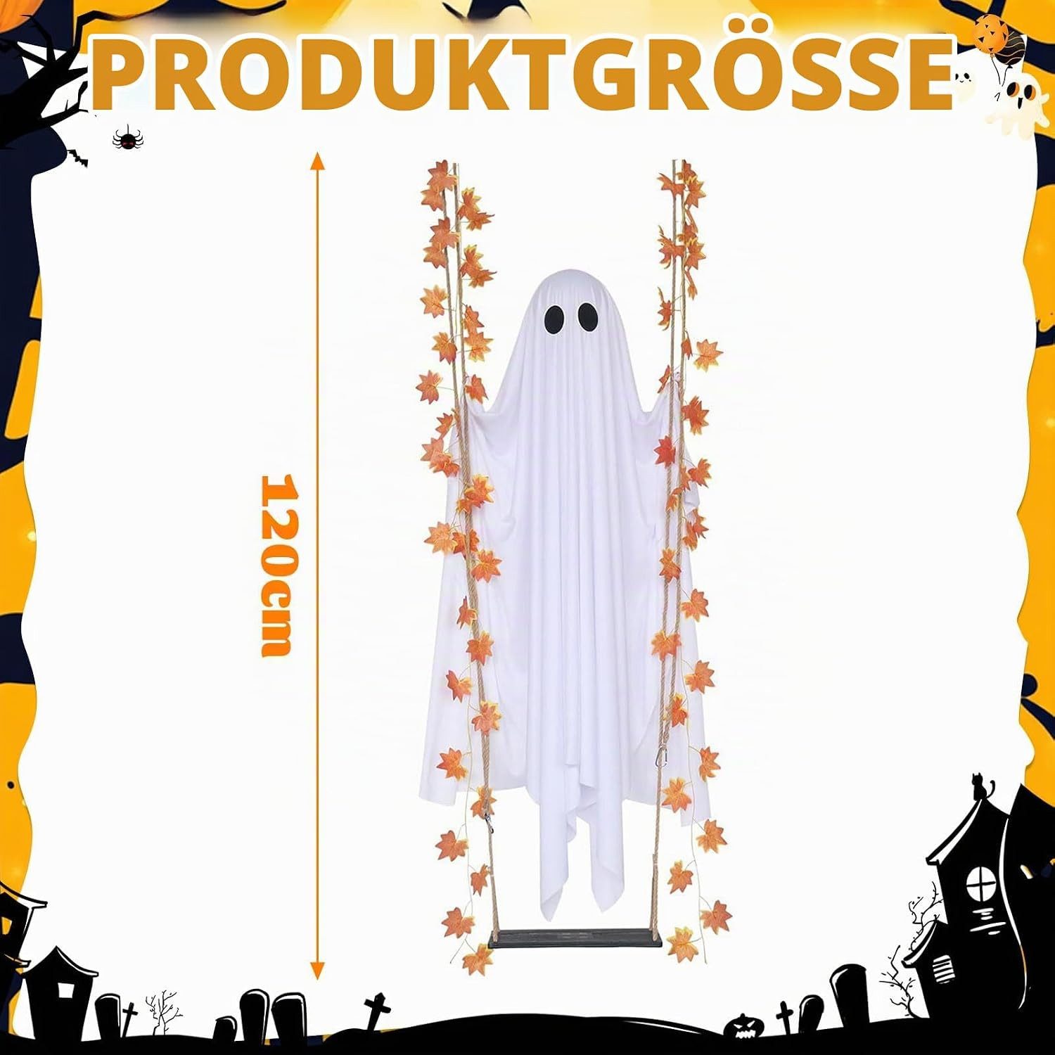 FELIXLEO Dekofigur Halloween Deko Outdoor Hängender Geist mit Licht Timer 120cm – Bild 2 von 5