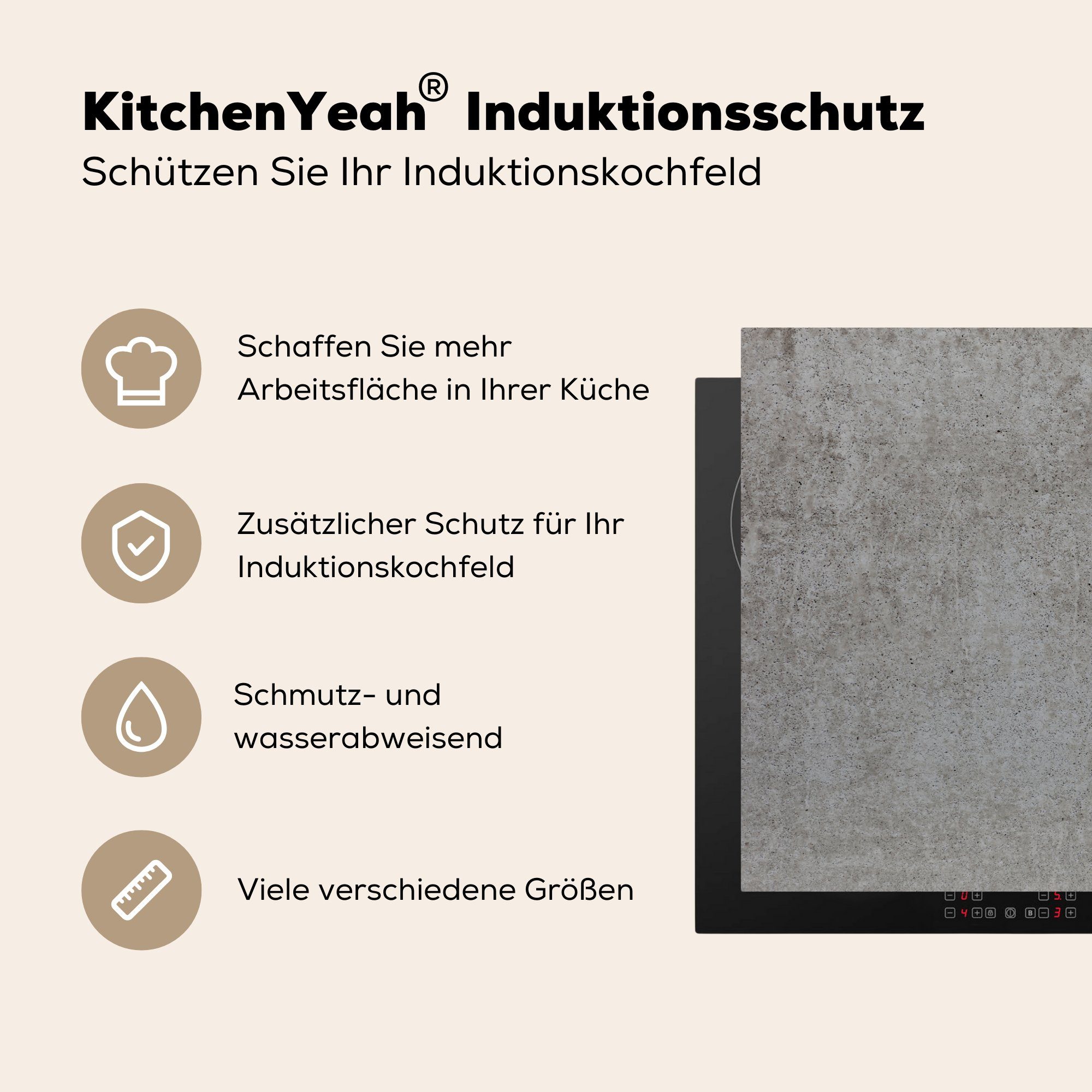 MuchoWow Herdblende-/Abdeckplatte Beton für (1 - cm, Induktionskochfeld Dots Grau - küche, Vinyl, 81x52 Kies, tlg), - Schutz Ceranfeldabdeckung die