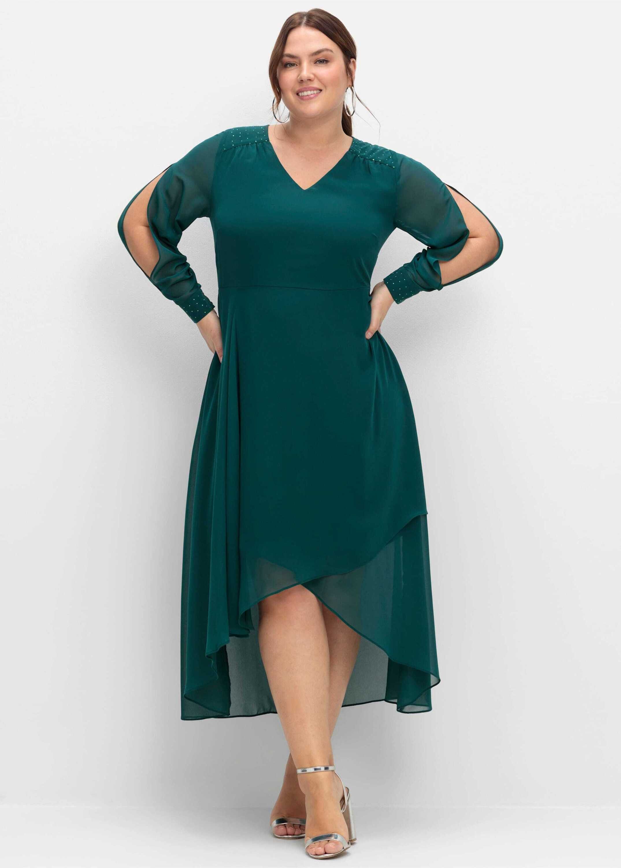 Sheego Etuikleid Abendkleid Langarm mit Cut-outs und Schmucksteinen
