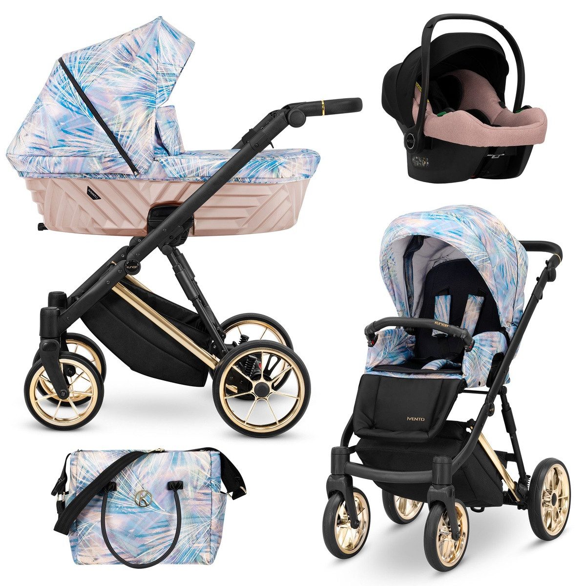 KUNERT Kombi-Kinderwagen Ivento Premium 3in1 Kinderwagen mit Goldrahmen und Zubehör, 2in1-Set mit Babywanne und Sportsitz, Aluminiumrahmen