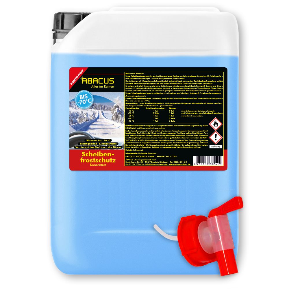 ABACUS Scheibenfrostschutz bis -70 °C Scheibenfrostschutz Konzentrat Frostschutzmittel, 25000 l, Sicher für alle Materialien, Lacke & Dichtungen, 2 St., Wirkt bis -70 °C, Reinigt ohne zu schmieren