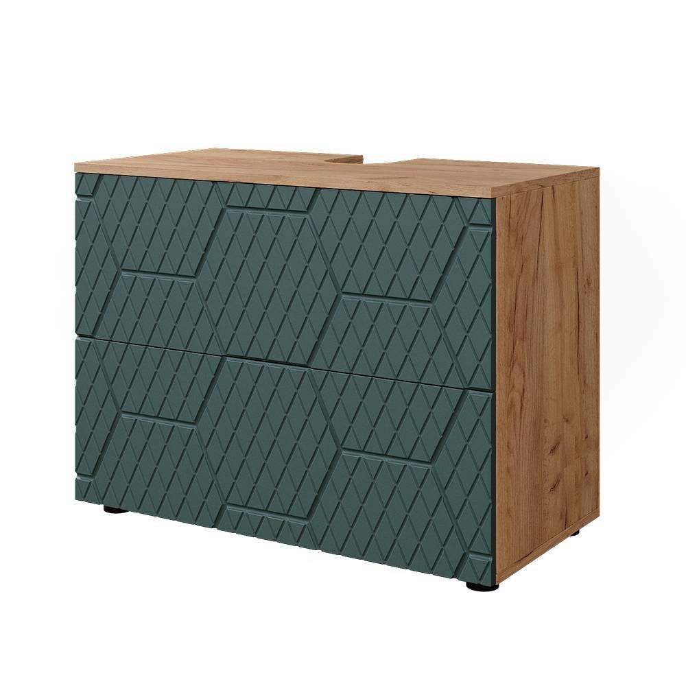 Vicco Waschbeckenunterschrank Irma, Goldkraft Eiche/Grün, 80 cm mit 2 Schubladen