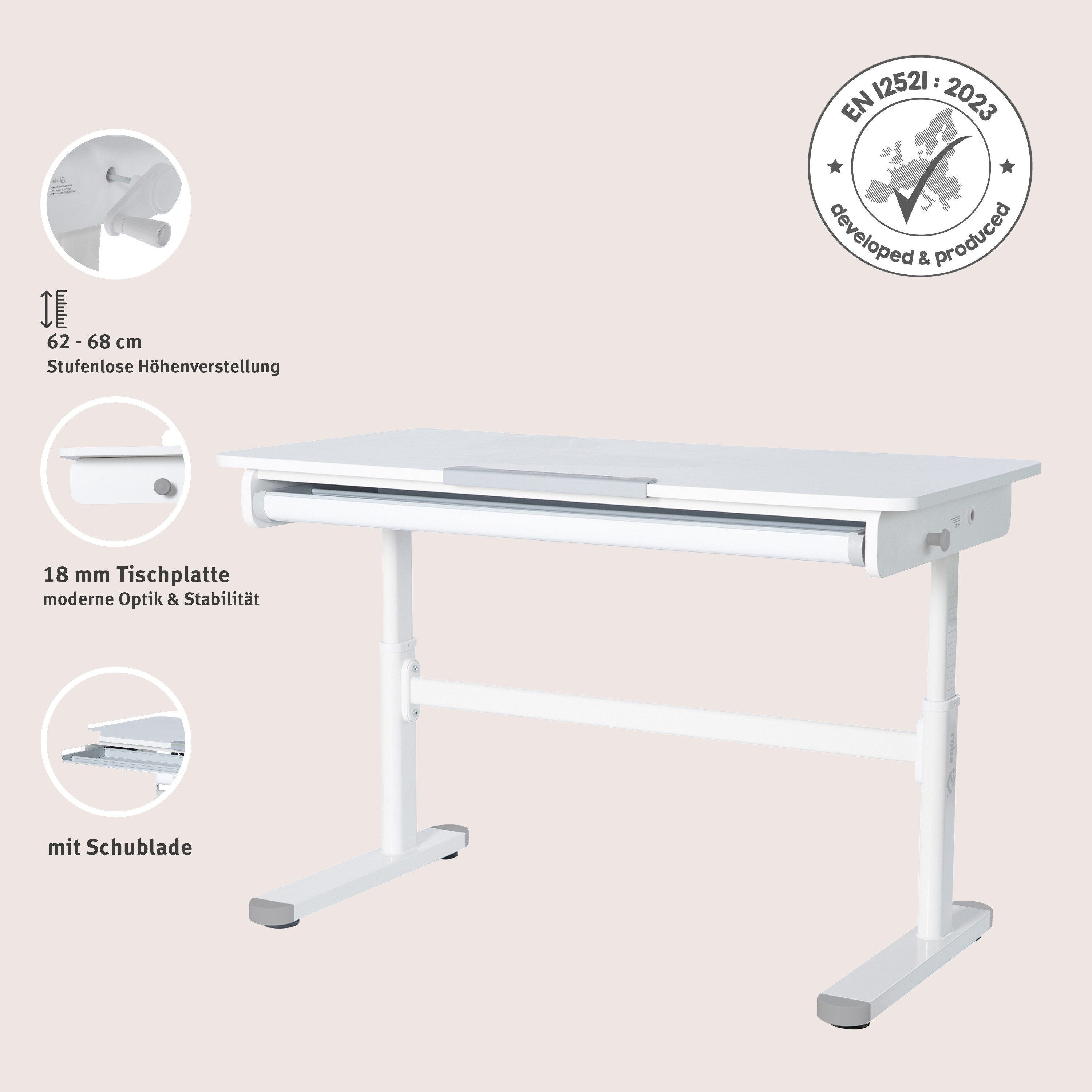 roba® Kinderschreibtisch Smart Grow - Schreibtisch für Kinder & Jugendliche - höhenverstellbar, Schublade - ab 6 Jahren - abgerundete Ecken - aus Metall & Holz - Weiß