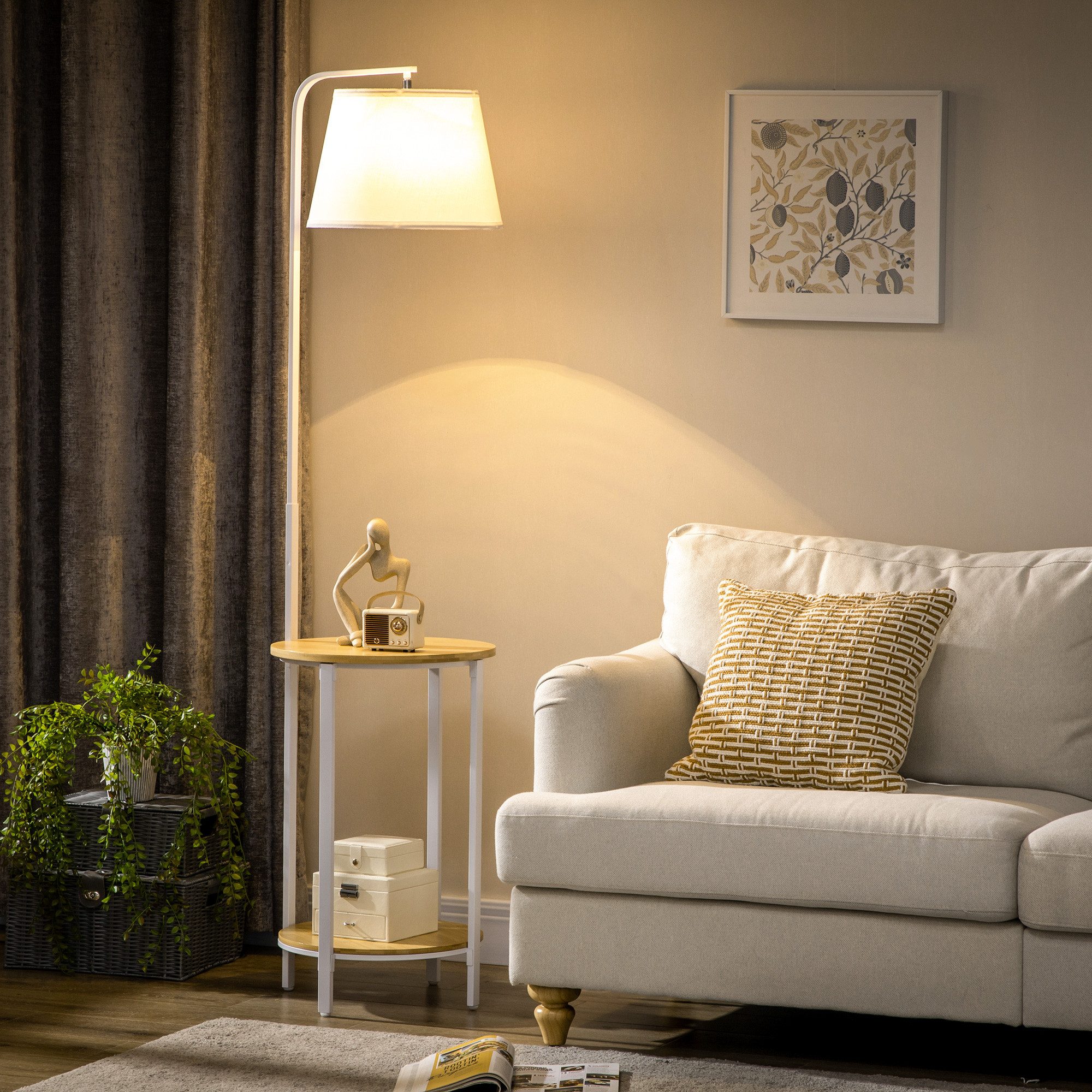 HOMCOM Stehlampe Stehlampe Wohnzimmer mit Regal, Stehleuchte mit E27 Fassung, Weiß 43x 39,5 x 162 cm