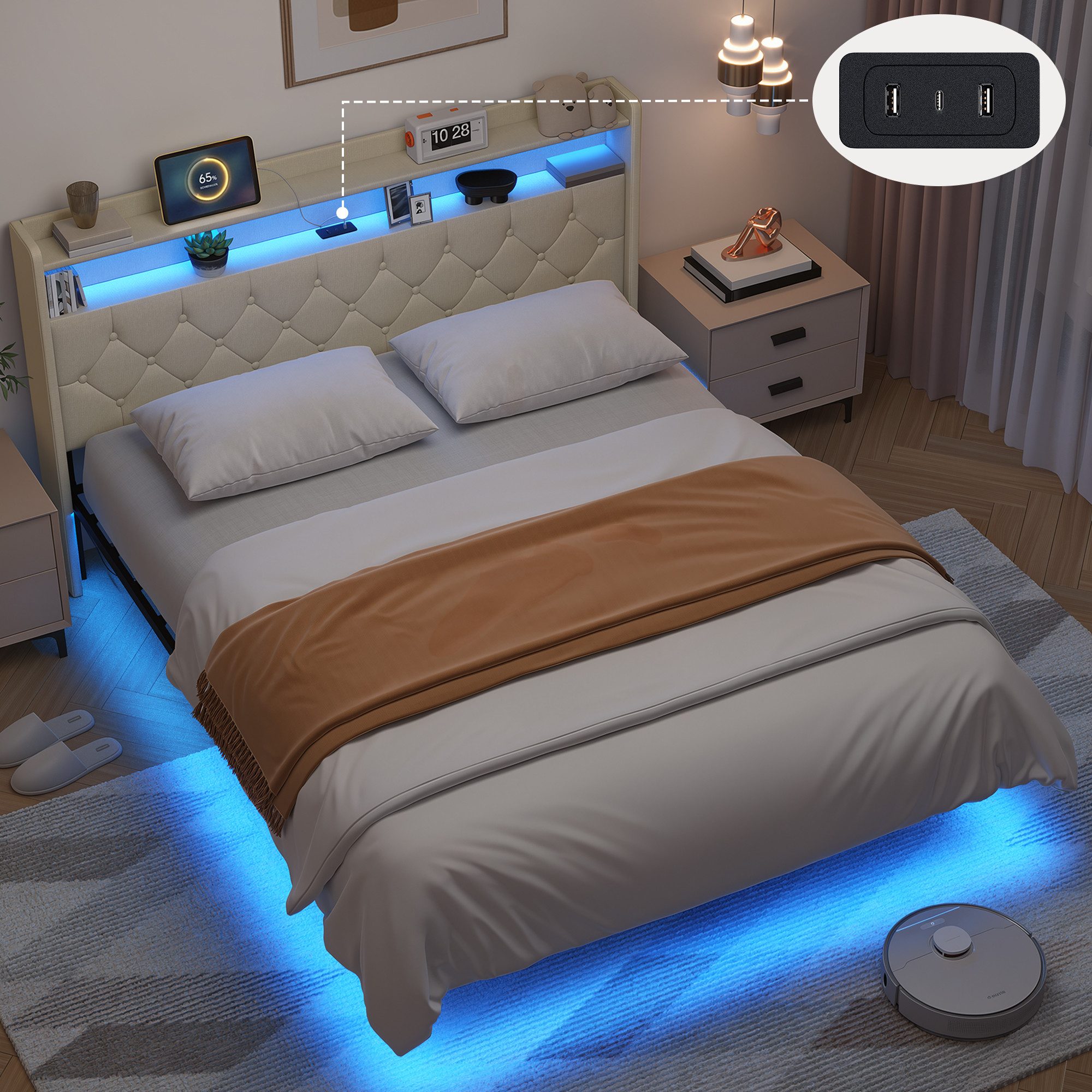 Bealife Polsterbett Bettrahmen mit Ladestation und LED-Beleuchtung, 140/160x200 (2 Modelle (140x200, 160x200), Mit gepolstertem Kopfteil