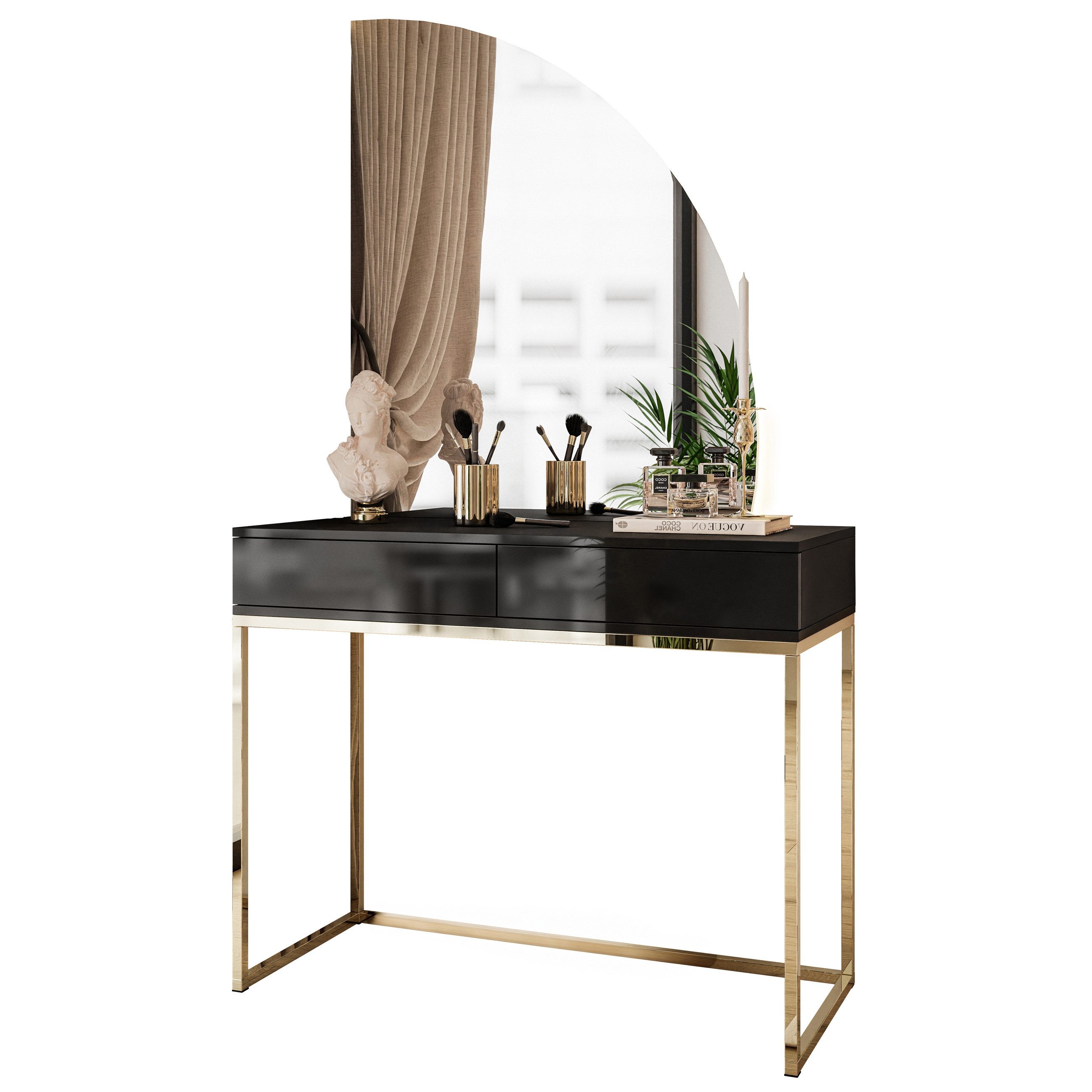 Lookway Schminktisch QUINNIE Schwarz mit Goldchrom-Gestell und Spiegel mit günstig online kaufen