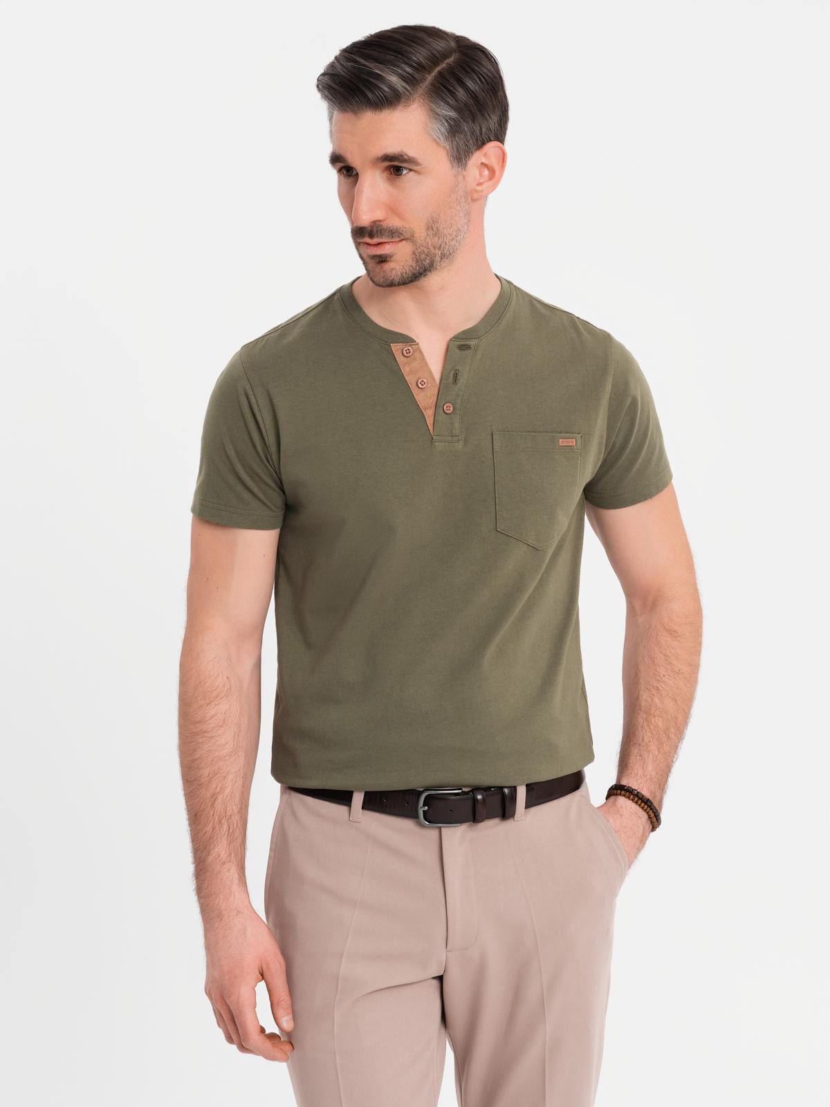 T-Shirt Herren-T-Shirt mit Knopfleiste und Wildlederbesatz