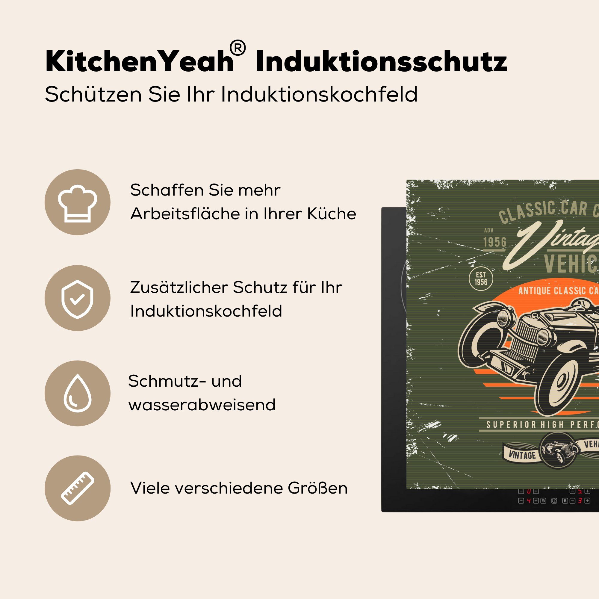 MuchoWow Herdblende-/Abdeckplatte Oldtimer Oldtimer - tlg), für küche Auto, 78x78 Vinyl, (1 cm, Arbeitsplatte - Ceranfeldabdeckung