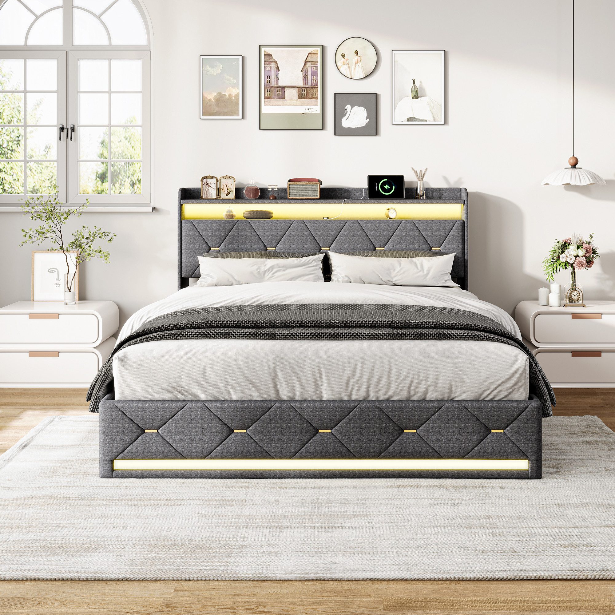 Simurq Boxspringbett polsterbett 140x200,doppelbett mit LED und USB,stauraumbett (Doppelbettgestell,Bett 140x200,Lattenrost), ohne Matratze,Leinen,USB+TypeC