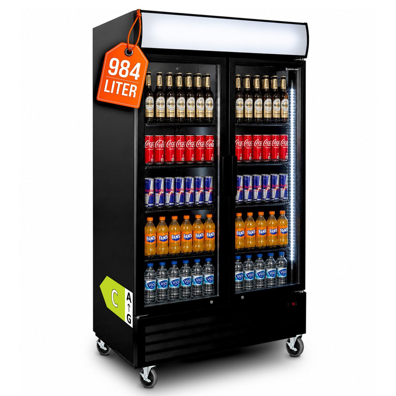 GastroHero Getränkekühlschrank Getränkekühlschrank 1000 L mit Leuchtaufsatz schwarz GKS-1000KT, 209.5 cm hoch, 113 cm breit