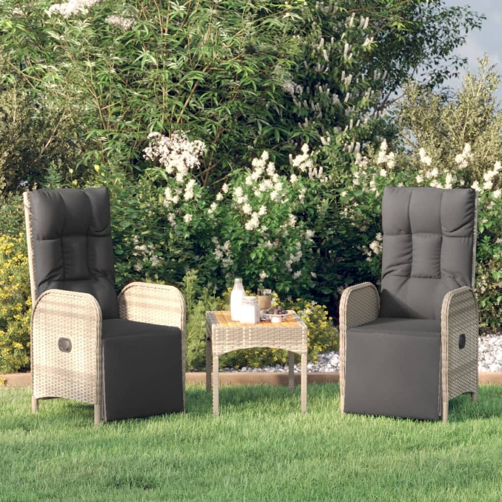 vidaXL Gartenstuhl Garten-Relaxstühle 2 Stk. mit Tisch Grau Poly Rattan (3 St)