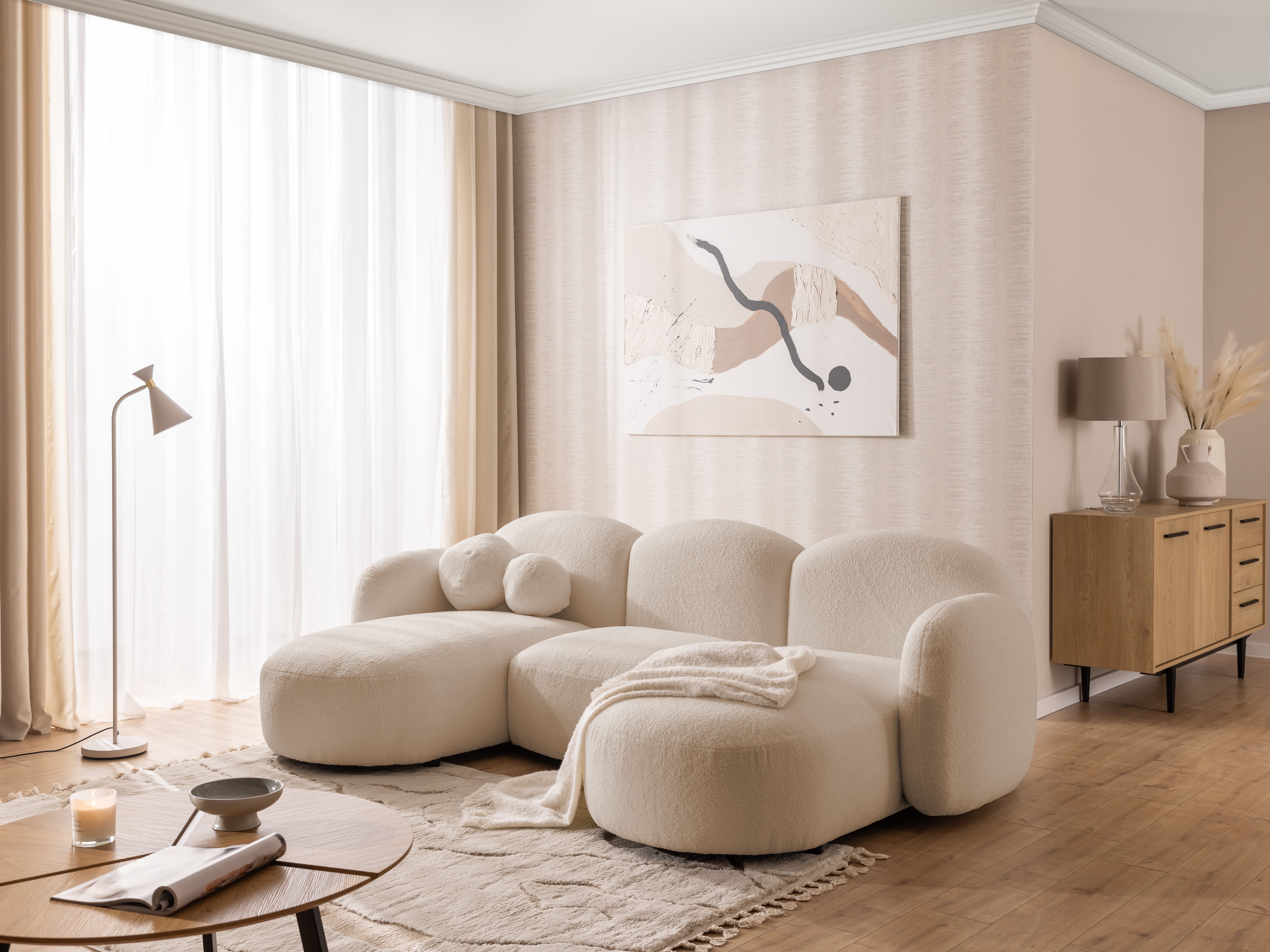 S-Style Möbel Wohnlandschaft Nuvola aus Bouclé mit abgerundetem Design und hohem Sitzkomfort, mit Wellenfederung