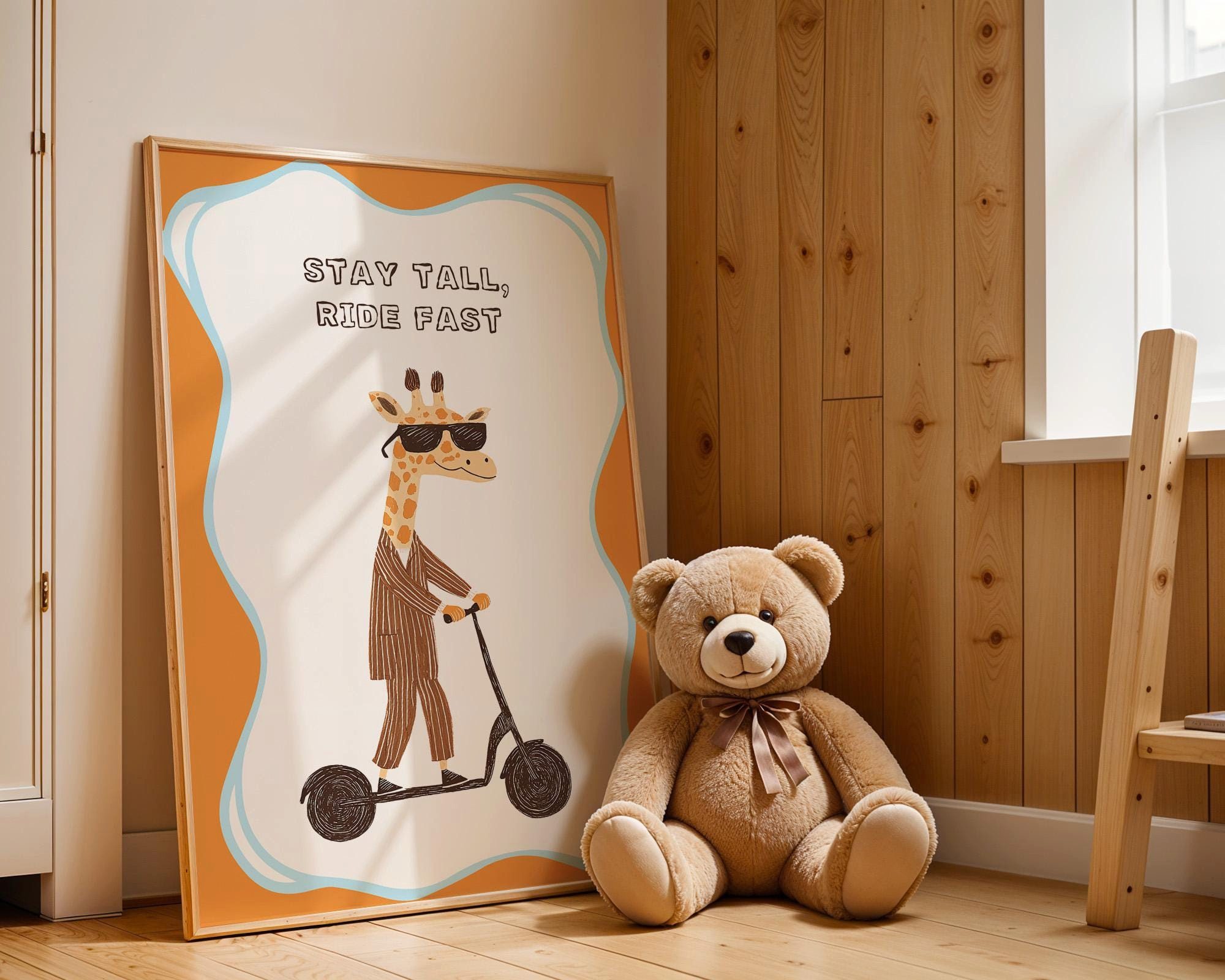 JUSTGOODMOOD Poster Premium ® Giraffe Stay Tall Ride Fast E-Scooter Kinderzimmer, (1 St), verschiedene Größen wählbar