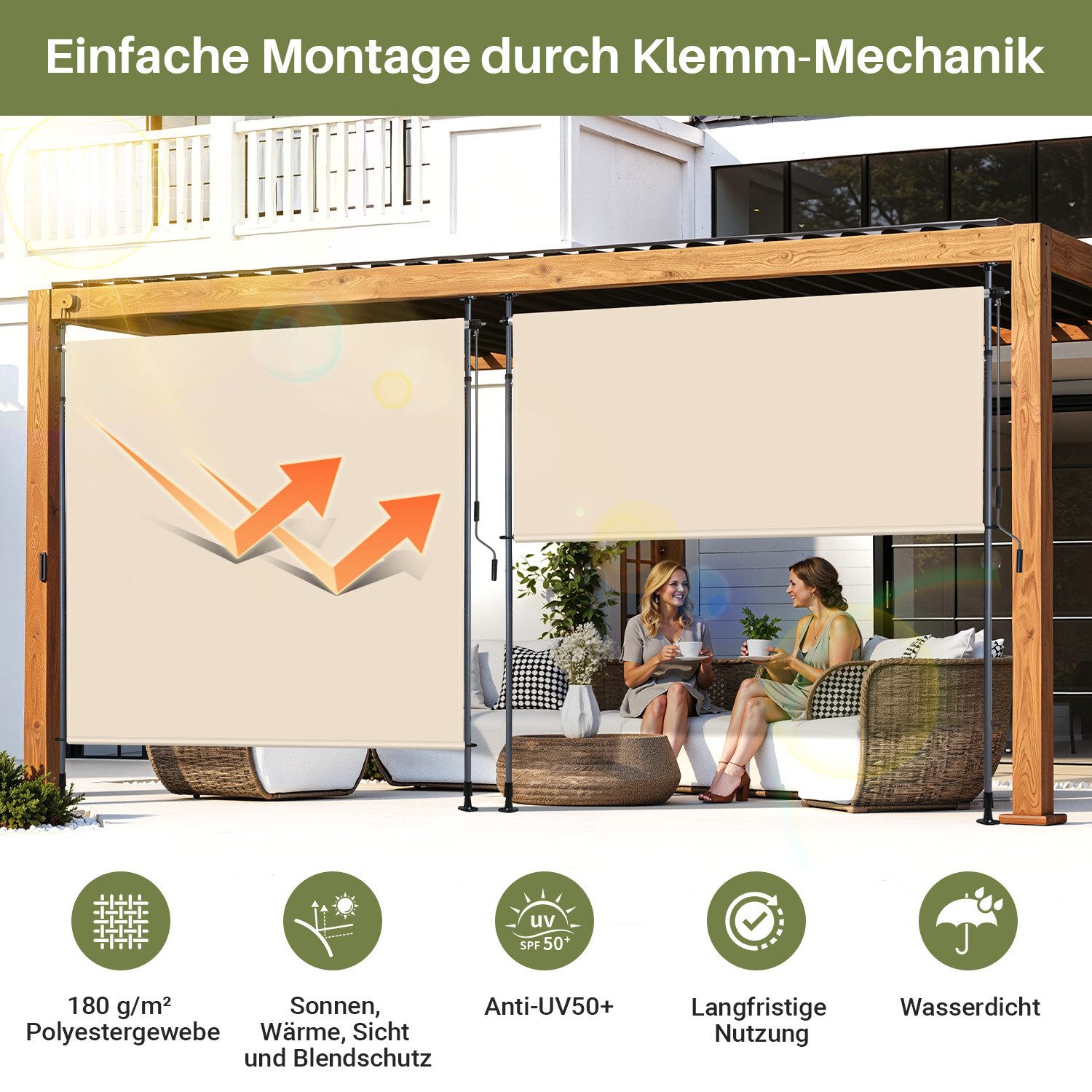 Clanmacy Senkrechtmarkise Klemmmarkise Außenrollo Balkon Sichtschutz Sonnenschutz mit Handkurbel ohne Bohren; mit Handkurbel; 120/150/200 x 270 cm