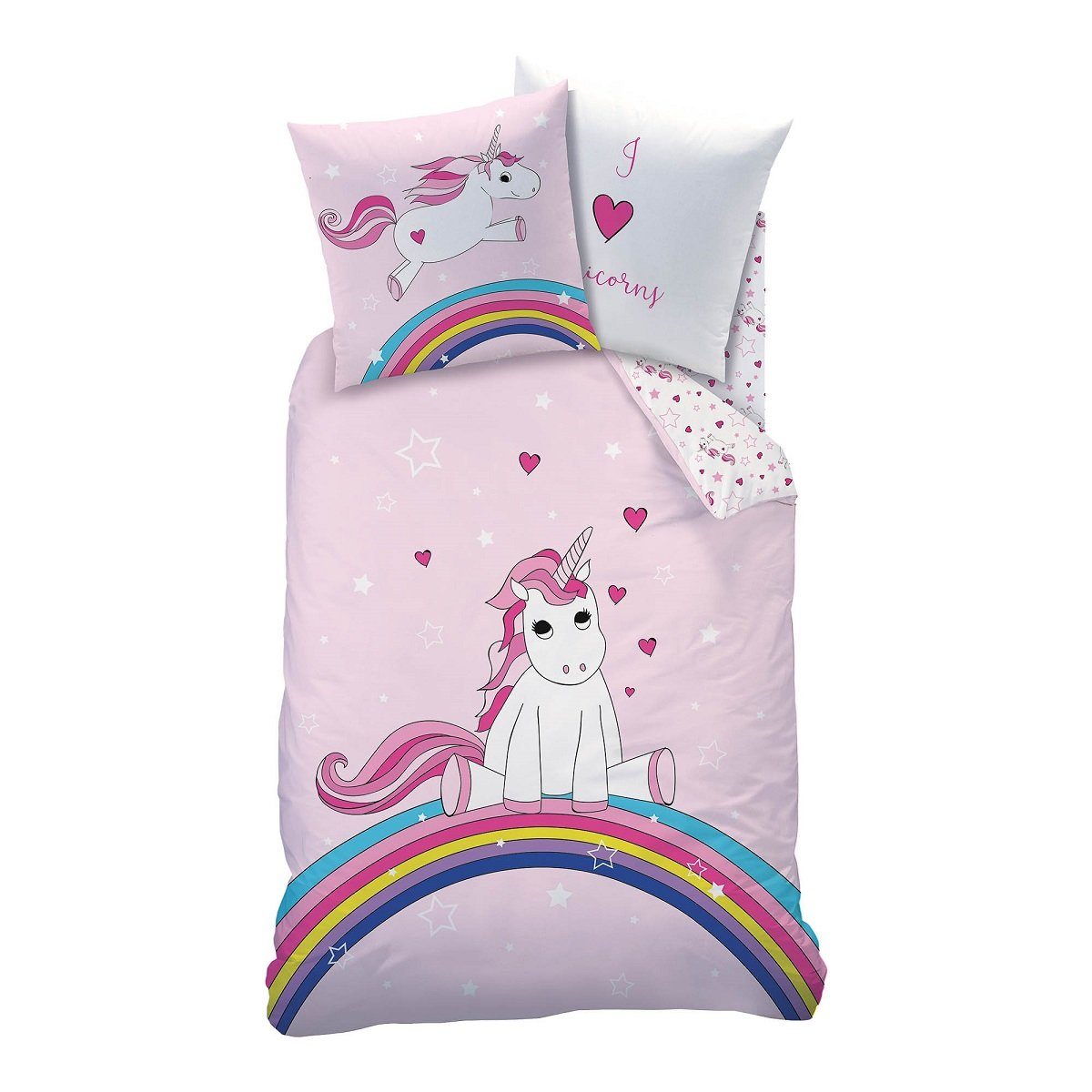 Familando Kinderbettwäsche mit Einhorn auf Regenbogen günstig online kaufen
