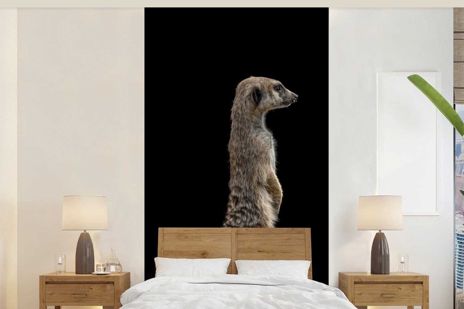 MuchoWow Fototapete Erdmännchen - Wilde Tiere - Schwarz, Matt, bedruckt, (2 St), Vliestapete für Wohnzimmer Schlafzimmer Küche, Fototapete