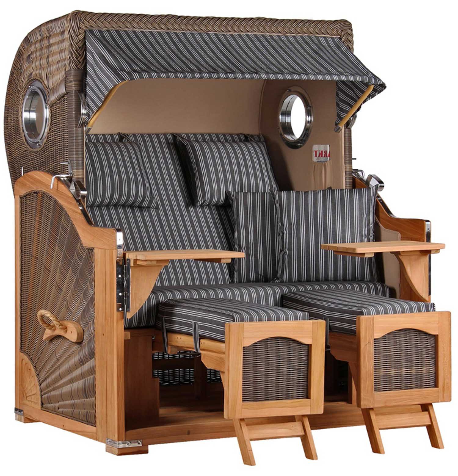 MR.DEKO Strandkorb Düne Bullauge Teak PE Grey Dessin 500, BxTxH: 125x80x170 cm