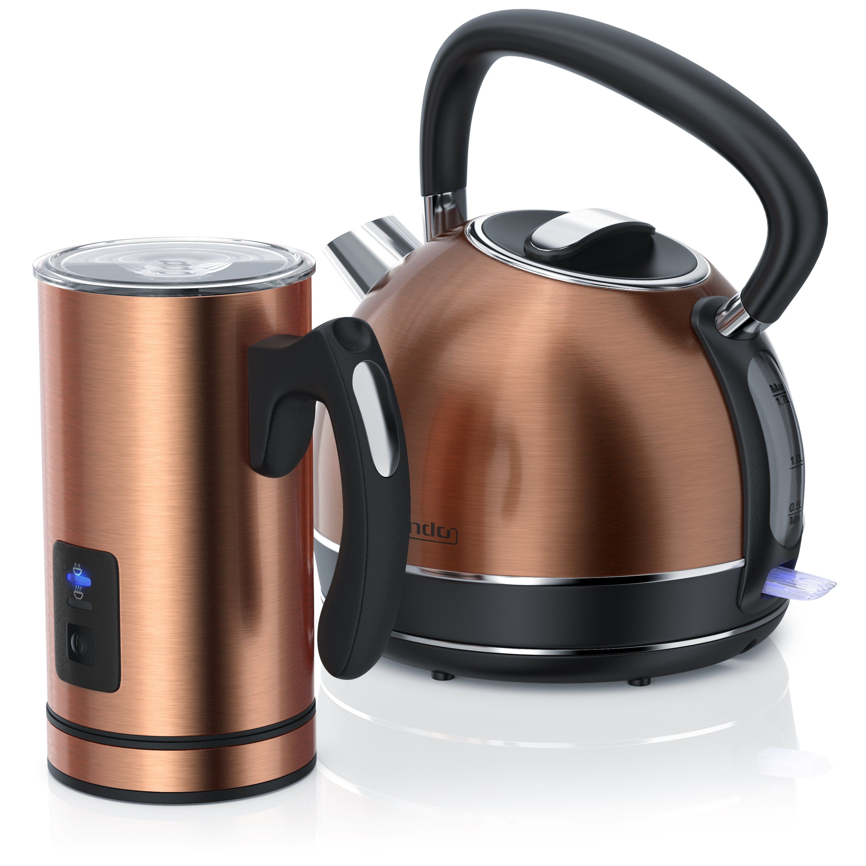 Arendo Frühstücks-Set (2-tlg), Edelstahl Wasserkocher 1,7l & Milchaufschäumer, Kupfer