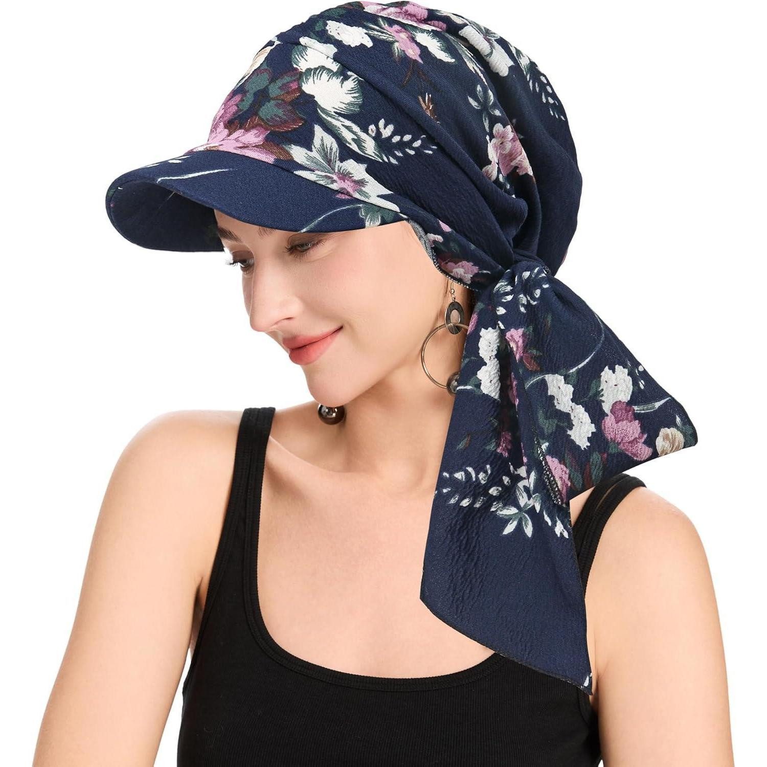 LuxusKollektion Turbanmütze Chemo Kopfbedeckung Damen Krempe Gebunden Blumenmuster Marineblau