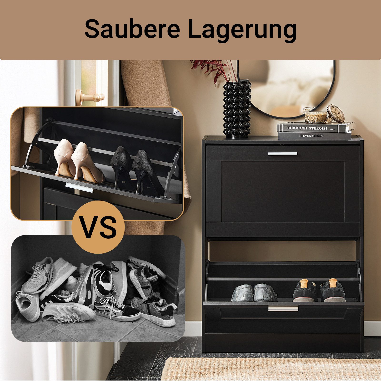 SoBuy Schuhschrank FSR137, Schuhkipper Schuhablage Schuhregal Schuhkommode mit 2 Klappen, Schuhschrank schmal, perfekt für schmale Flure, 12 Paar