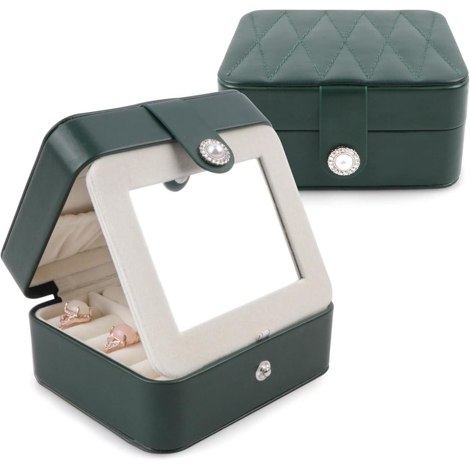 LuxusKollektion Schmuckkasten Schmuckkästchen Reise Spiegel PU Leder Ringe Hellgrün S12.5x10.5