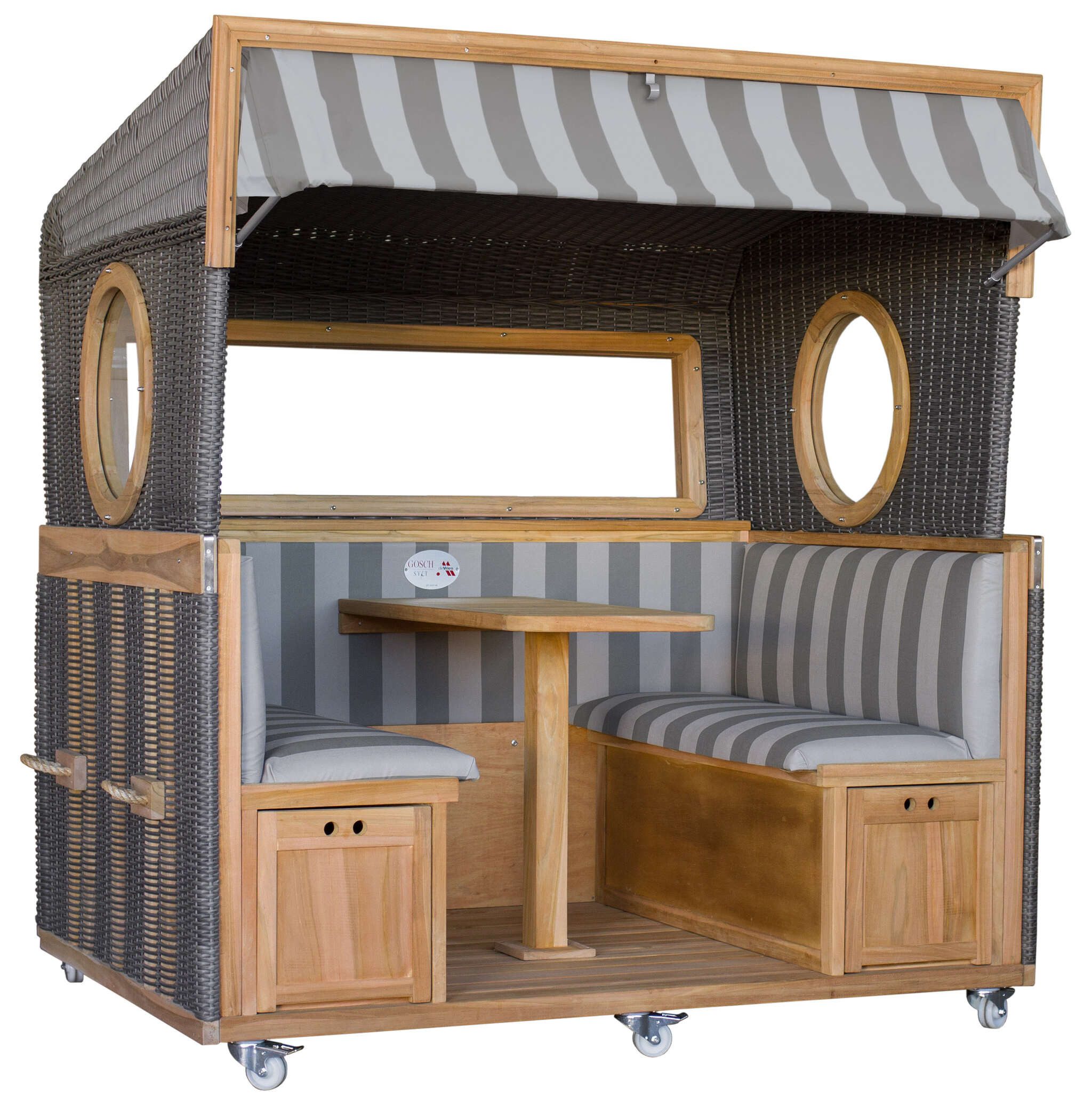 MR.DEKO Strandkorb Gosch-Lounge 4-Sitzer, 200x207x158 cm, grau Dessin 981, BxTxH: 200x158x207 cm, Gosch-Lounge, (4 Personen, inkl. Tisch, Stauraum & Rollen – für Outdoor geeignet, 1-tlg., Lounge-Strandkorb Gosch 4-Sitzer), Fertig montiert, Strandkorb XXL Teakholz, PE-Geflecht, Sicherheitsglas