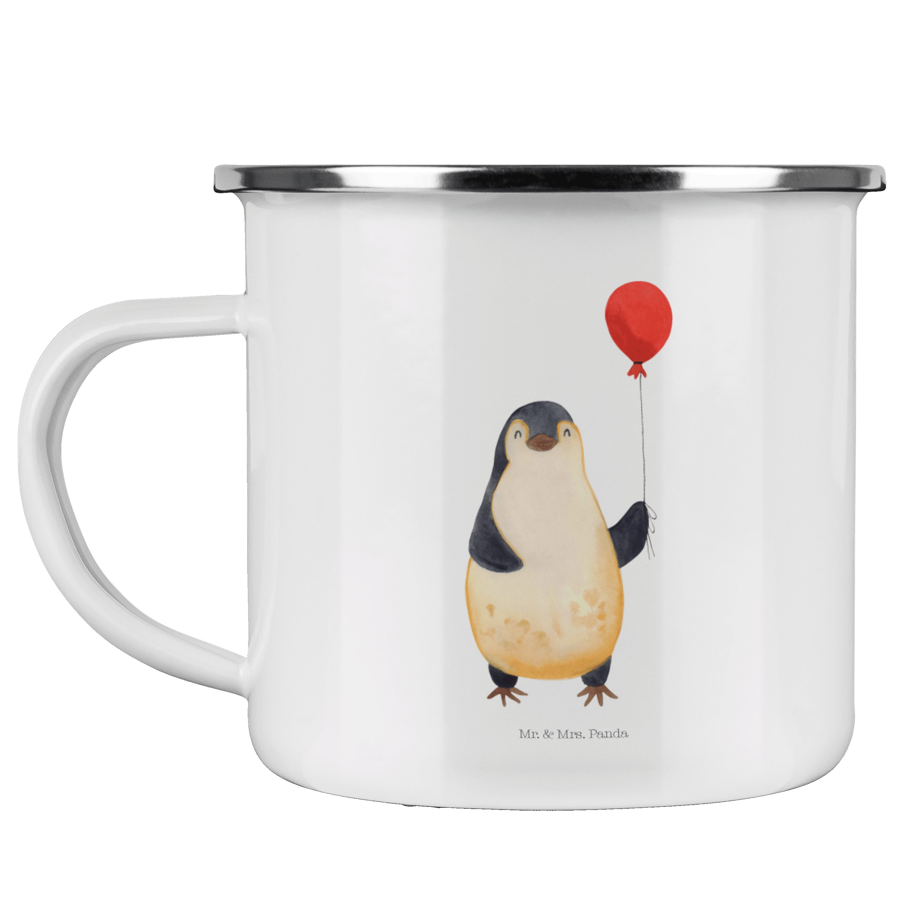 Mr. & Mrs. Panda Becher Pinguin Luftballon - Weiß - Geschenk, Motivation, fröhlich, Glück, ne, Emaille