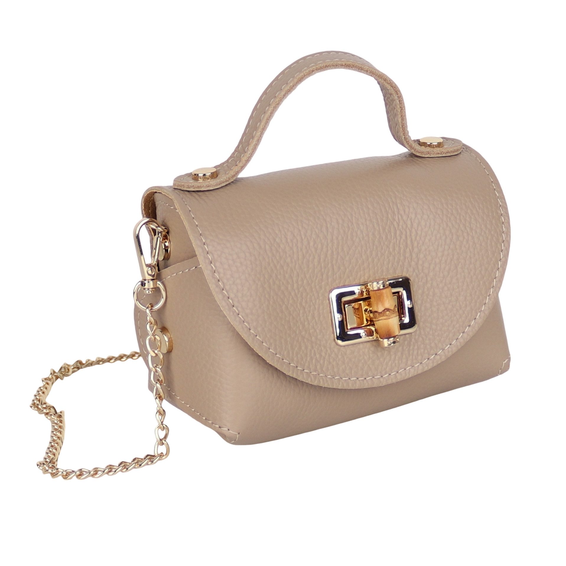MIRROSI Henkeltasche Damen kleine Tasche aus Echtleder Schultertasche 16,50x10x8,50 cm, Mit goldfarbener Kette, ca. 125 cm lang