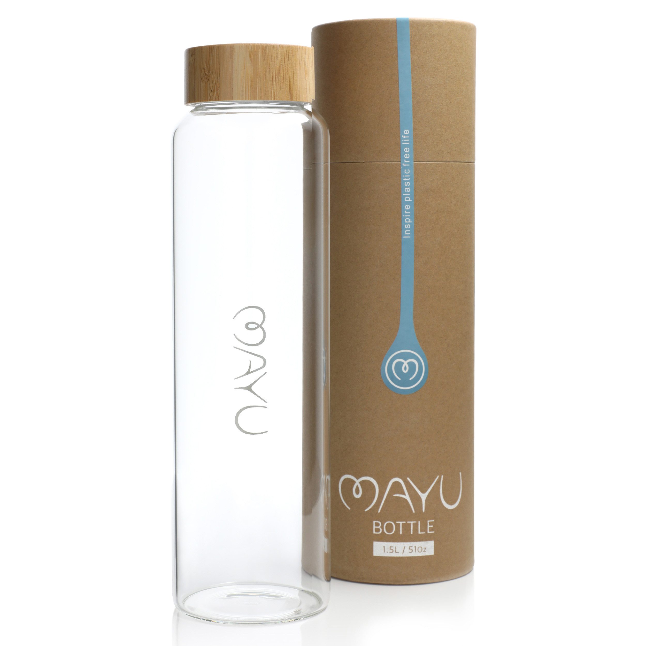 MAYU Water Trinkflasche 100% Borosilikatglas, Deckel aus Bambus, integriertes Sieb, verschiedene Größen
