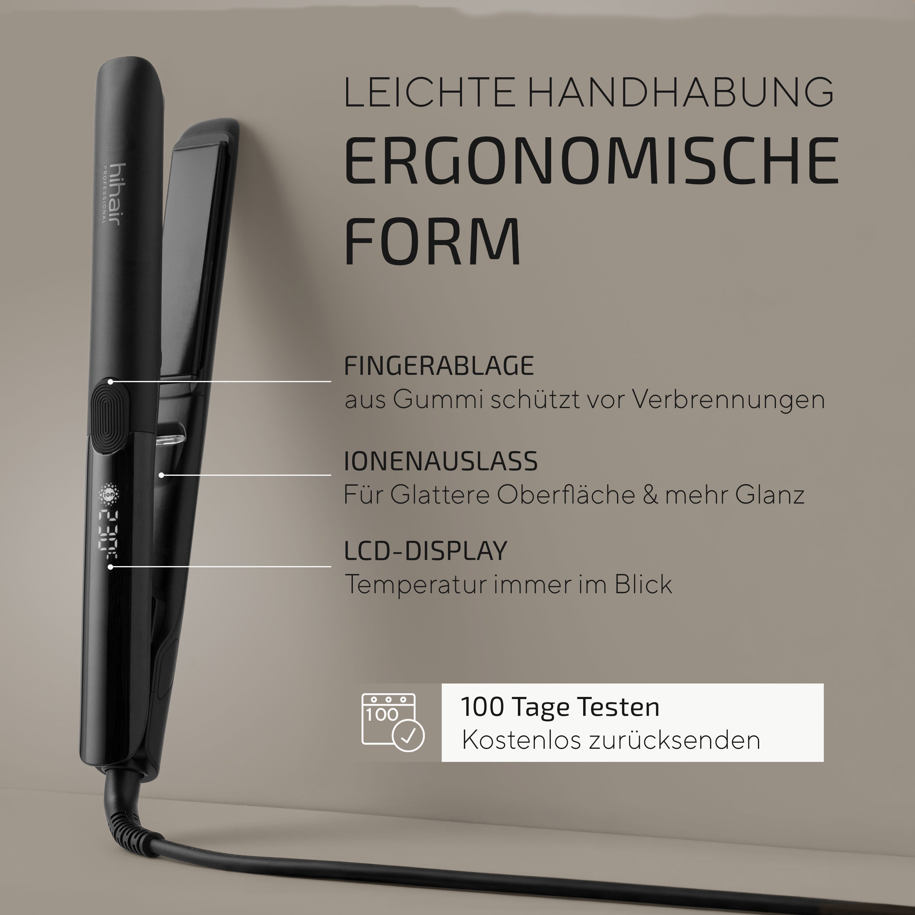 hihair Glätteisen Lunéa One – Haarglätter Testsieger 2025* – 100 Tage risikofrei testen Keramik, LCD Display, Druckknopf, Gleam Flow Technologie, 2,5 m langes Kabel