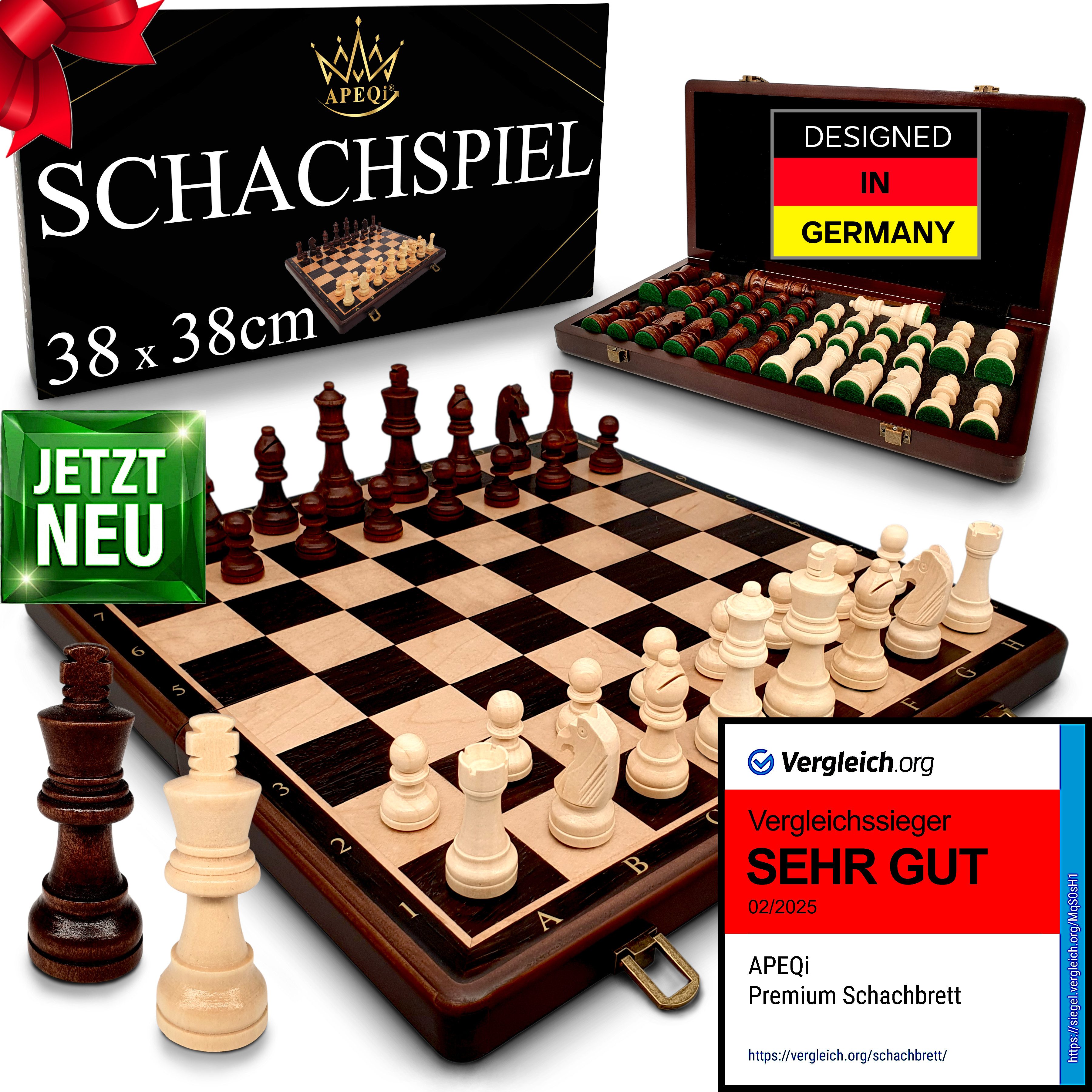 APEQi Spiel PREMIUM Schach - Schachspiel Holz hochwertig - Schachbrett mit Figuren, Massivholz, 2 EXTRA-Damen, Geschenkidee, klappbar, 34 Schachfiguren