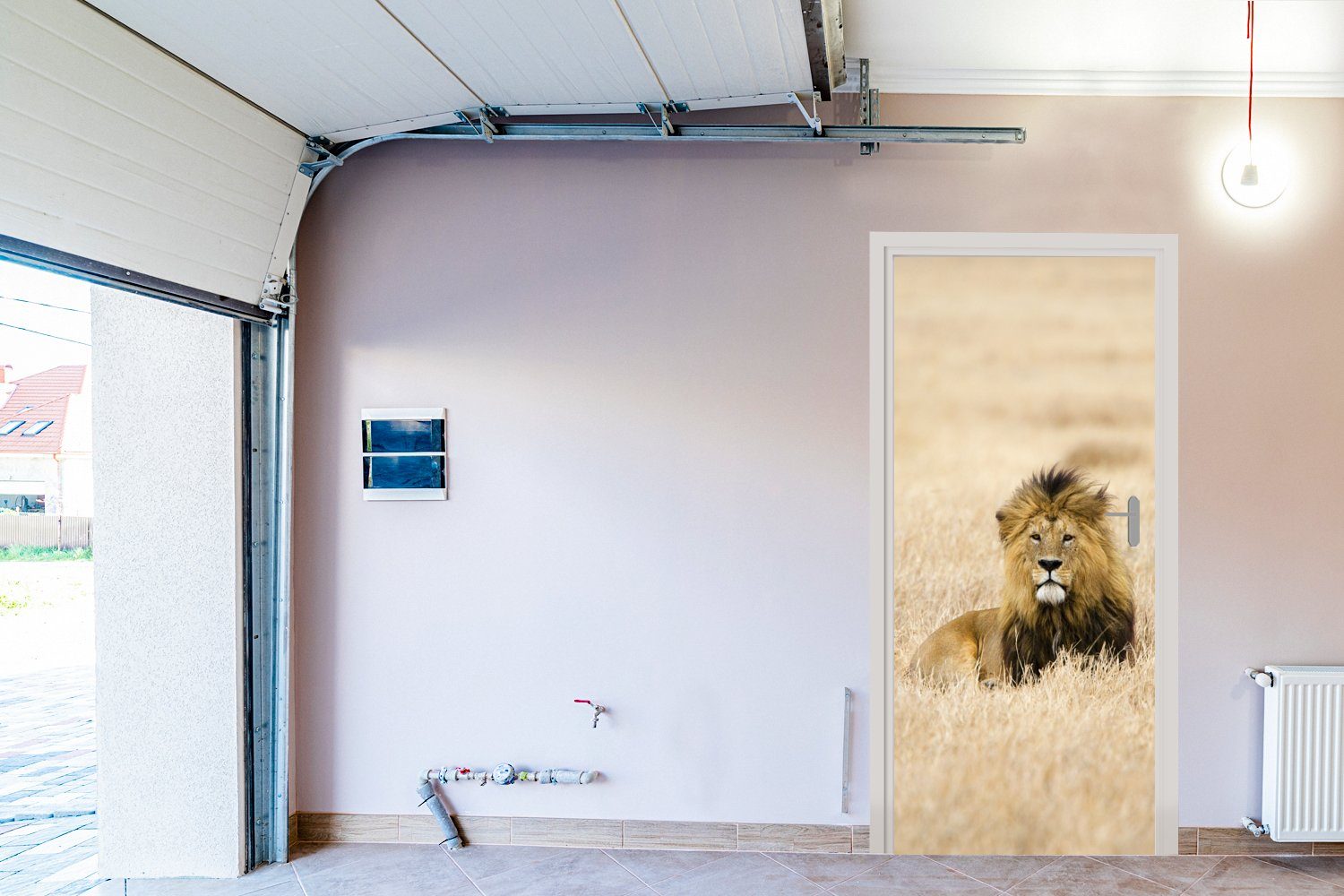 Matt, Tür, hohen für in MuchoWow Ein Löwe im Türaufkleber, Fototapete Gras Serengeti-Nationalparks des cm 75x205 (1 Tansania, St), Türtapete bedruckt,