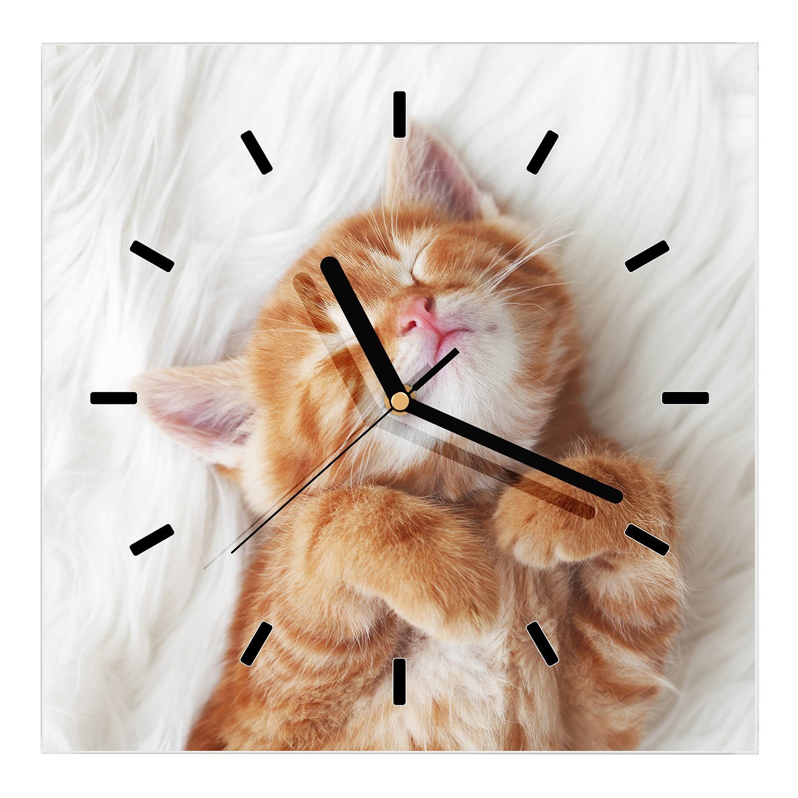 Primedeco Wanduhr Glasuhr Wanduhr Wandkunst Größe 30 x 30 cm mit Motiv Kuschelnde Katze