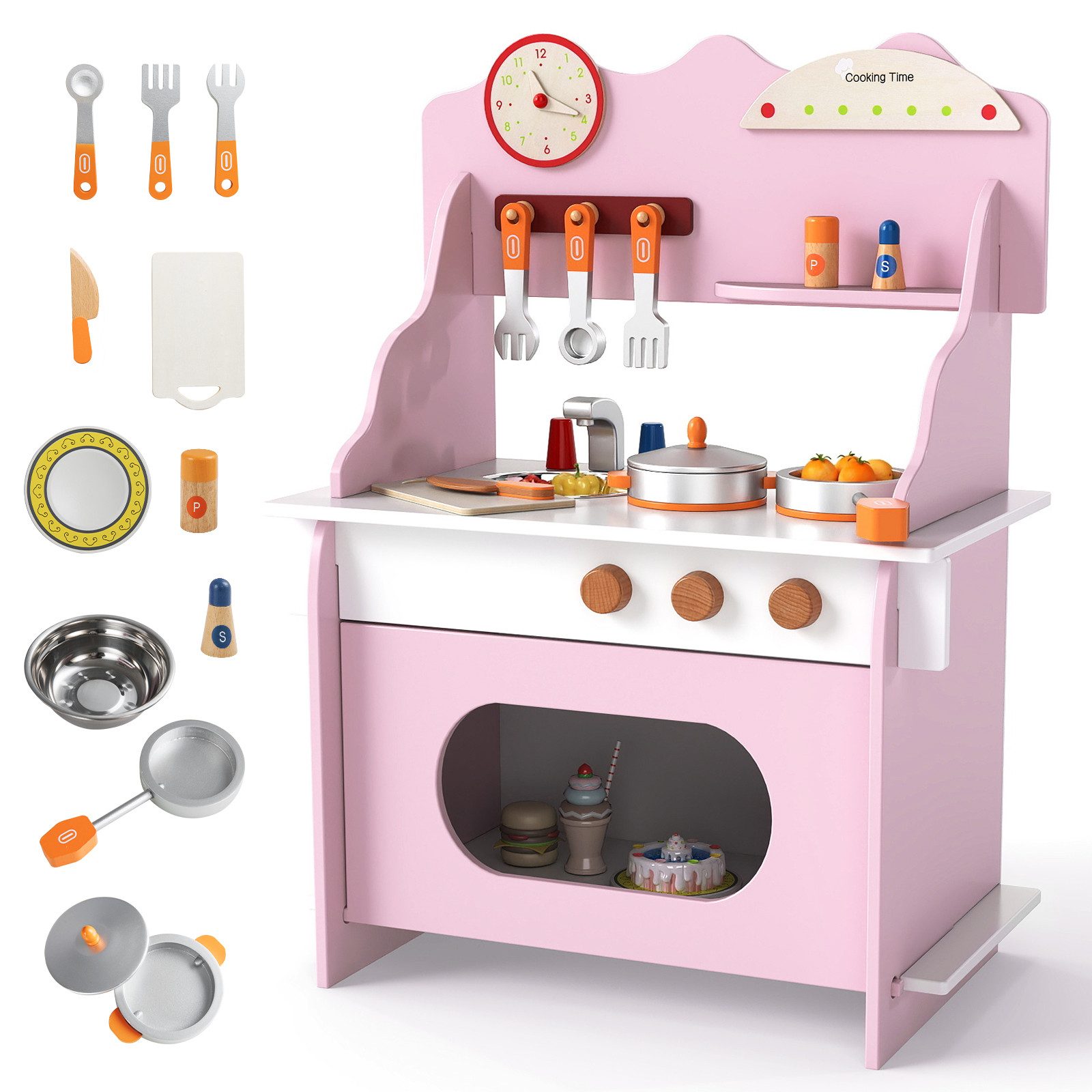 KOMFOTTEU Spielküche, Kinderküche mit Wasserhahn, Herd, Backofen, Uhr & Kochzubehör
