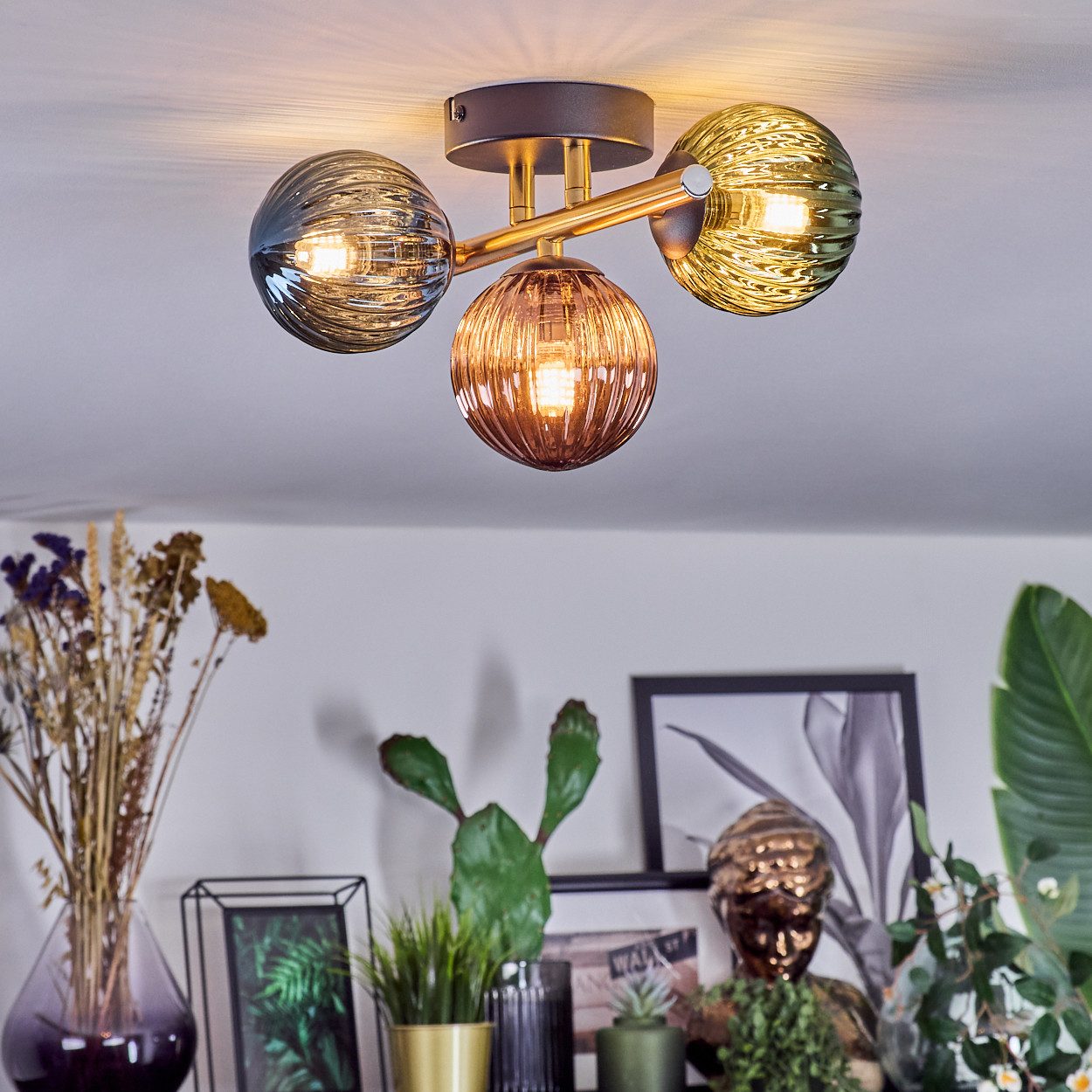 hofstein Deckenleuchte Deckenlampe aus Metall/Riffelglas in Schwarz/Gold/Blau/Grün/Kupfer, ohne Leuchtmittel, Deckenleuchte im modernen Vintage-Design (Schirme Ø 10 cm), 3 x G9