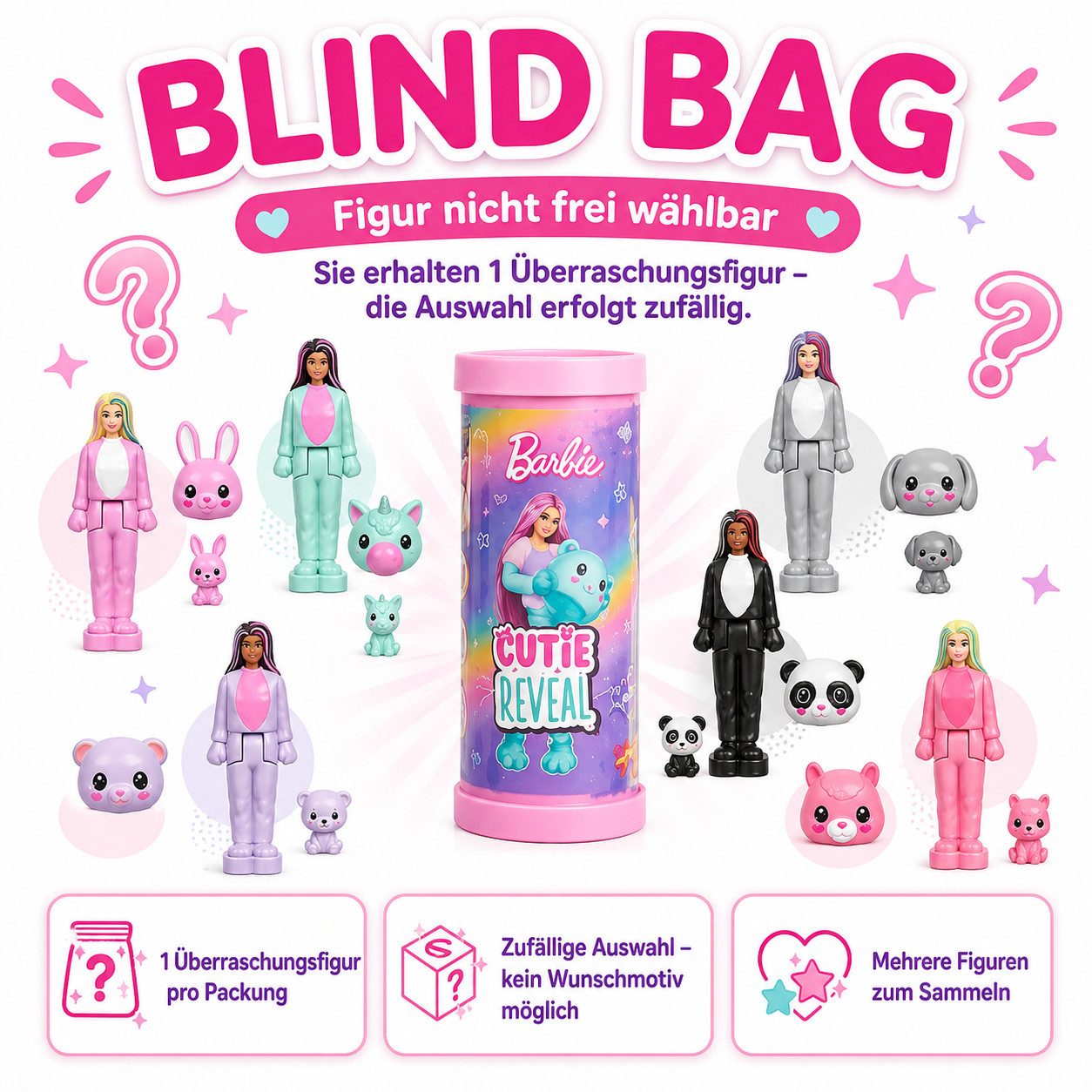 Mattel® Spielfigur Mini BarbieLand Cutie Reveal Überraschungsfigur im Blind Bag, (Spar-Set, 1-tlg), Zufällige Sammelfigur mit Dose, Haustier und Überraschungsef – Bild 3 von 5