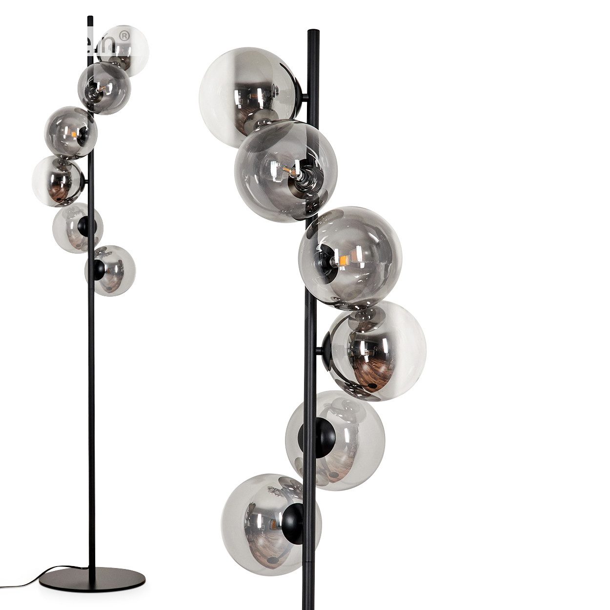 Stehlampe Stehlampe aus Metall/Glas in Schwarz/Rauchfarben/Klar