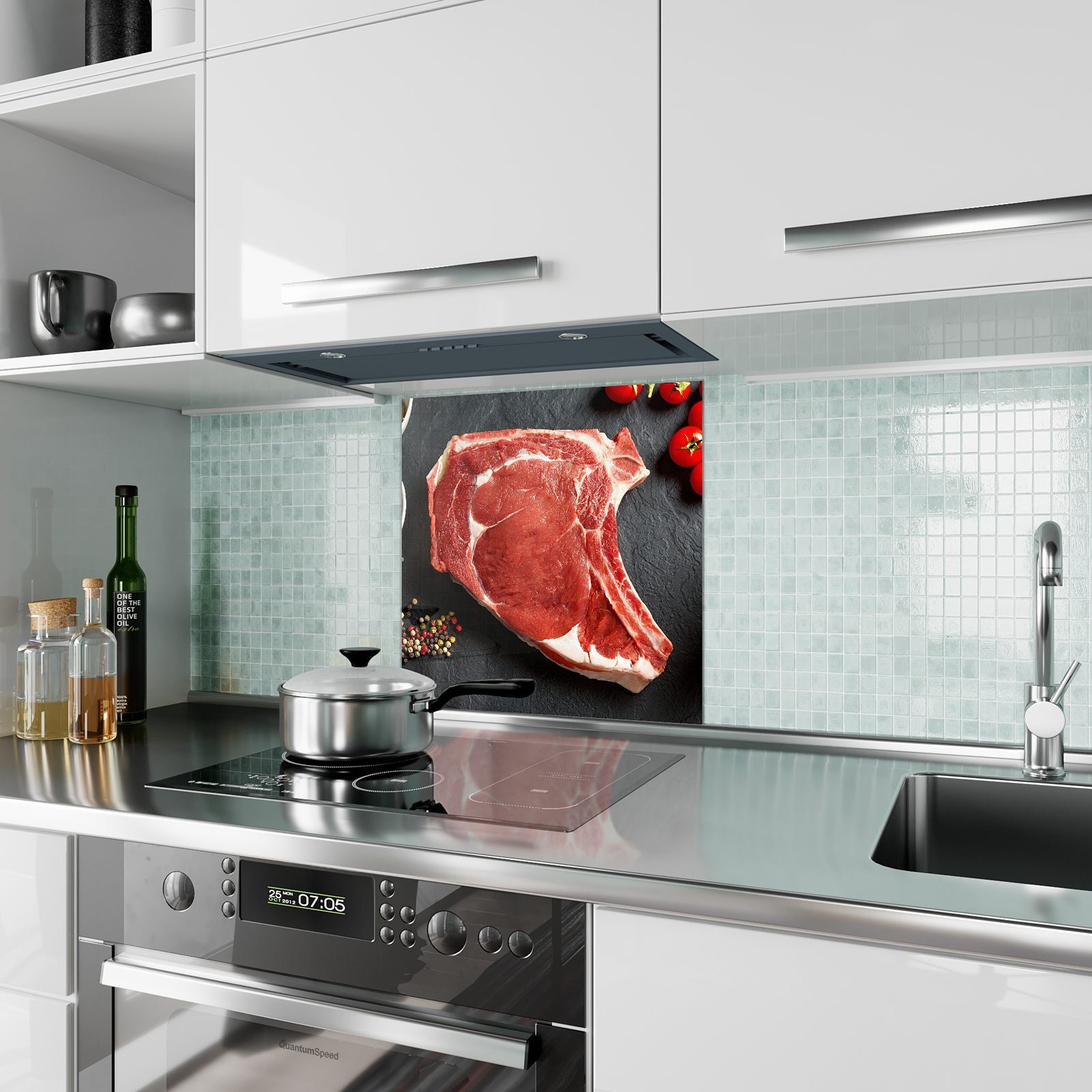 Spritzschutz Küchenrückwand Küchenrückwand Motiv mit Rohes Steak Glas Primedeco