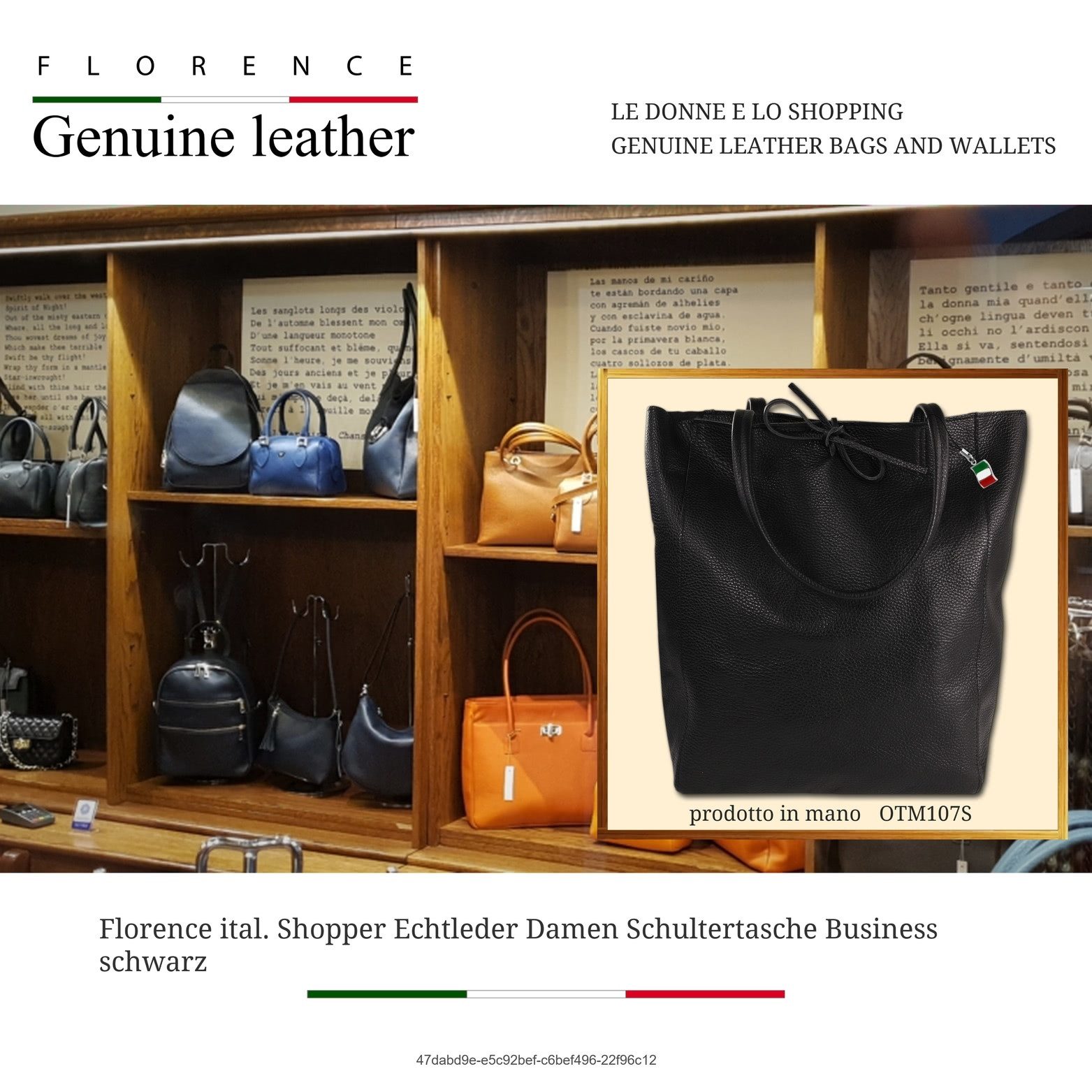 FLORENCE Shopper Florence ital. Shopper Echtleder Damen (Schultertasche, Shopper), Damen Shopper, Schultertasche Leder, schwarz, Größe ca. 28cm