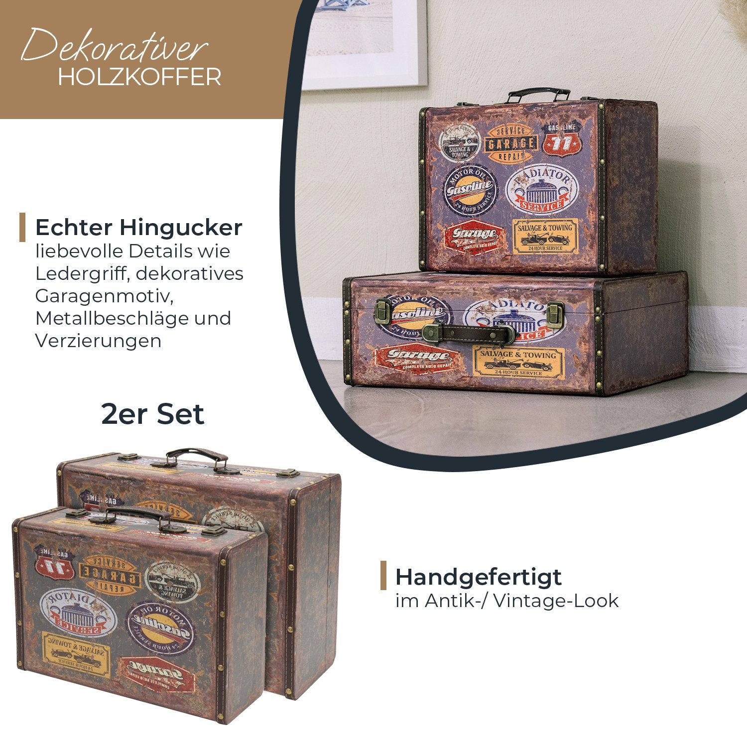 HMF Aufbewahrungsbox Vintage Koffer Holz, Aufbewahrungsbox mit Deckel und Ledergriff als (2er Set), Geschenkidee für Hochzeit oder Geburtstag, Garage, 38 + 44 c – Bild 2 von 5