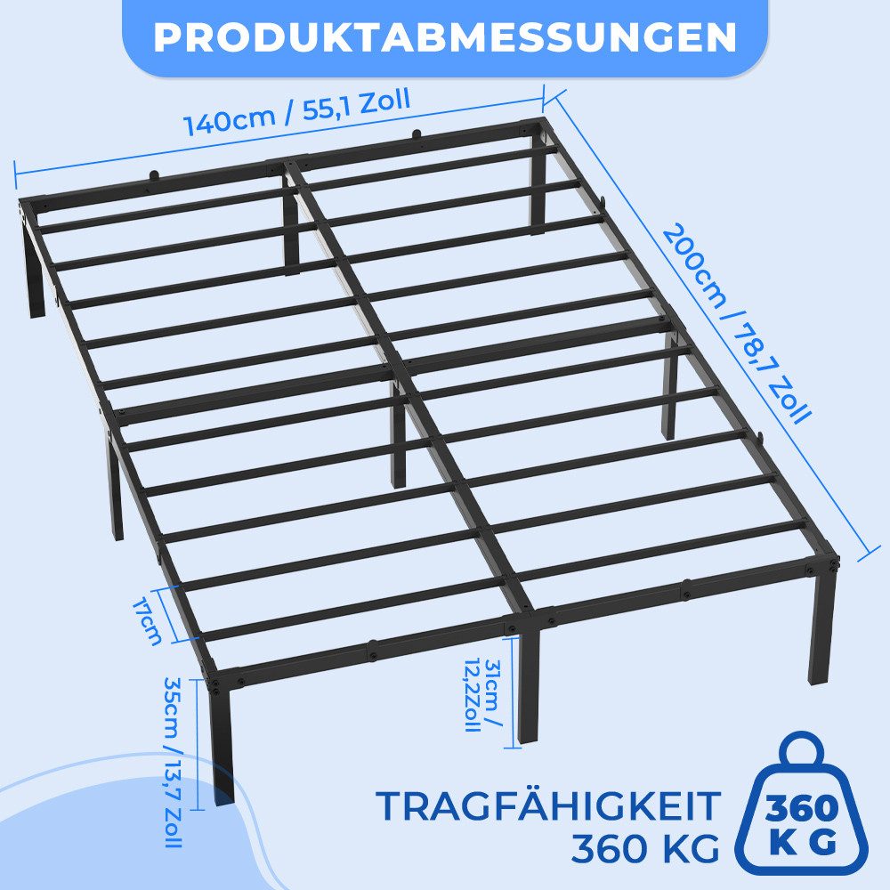 PFCTART Bettgestell Metallbett 140x200 cm, Bettgestell Schwarz (Set, 1-tlg., Stahlbett für Schlafzimmer & Gästezimmer), 360 kg Tragkraft, 31 cm Bodenfreiheit, g – Bild 2 von 5